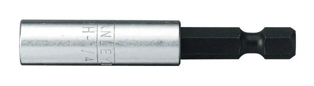 STANLEY 0-68-732 hex shank magnetic bit holder, silver and black, product side view on white background.