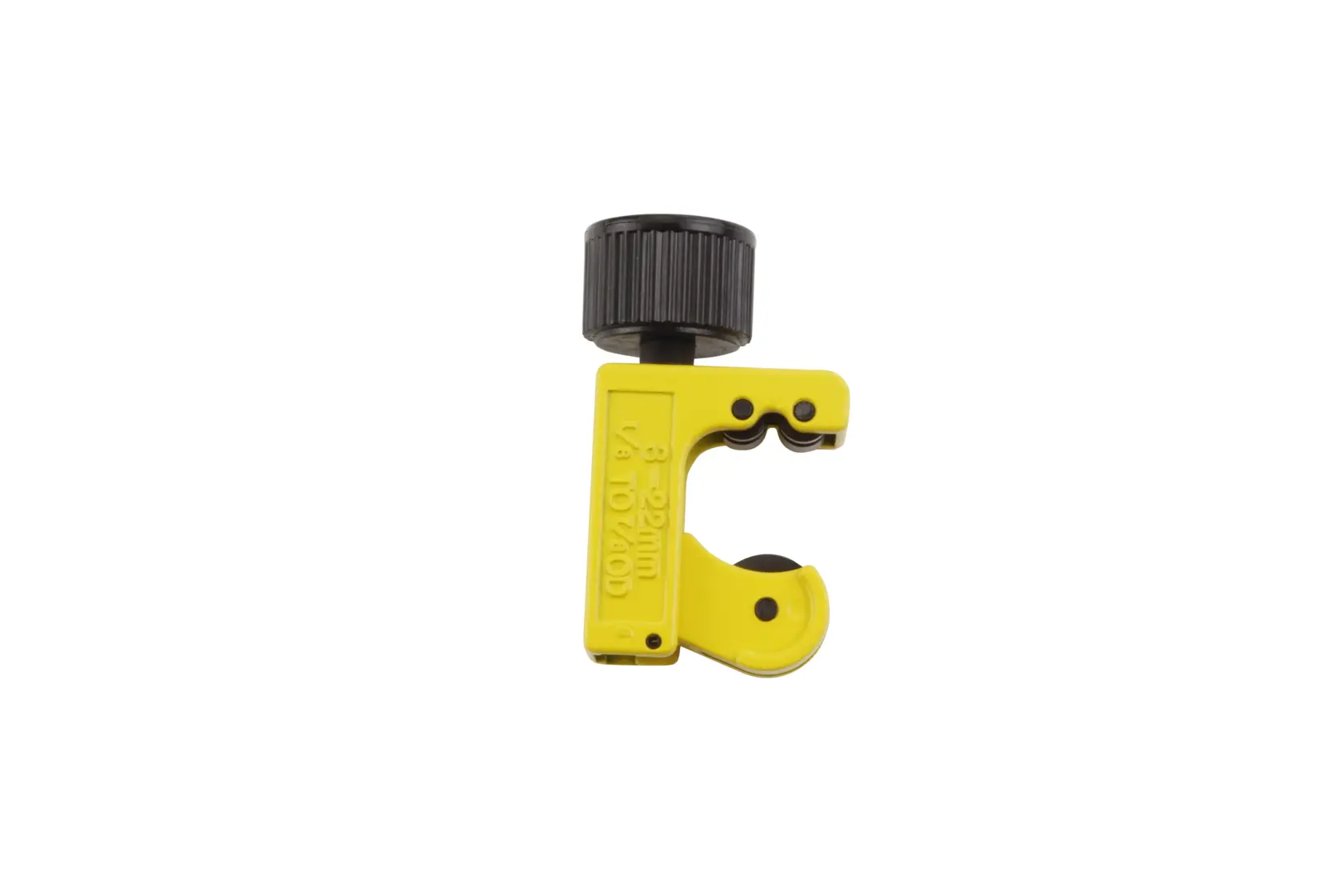Photo of STANLEY 0-70-447 pipe cutter, yellow metal body with black adjustment knob, side angle on white background.