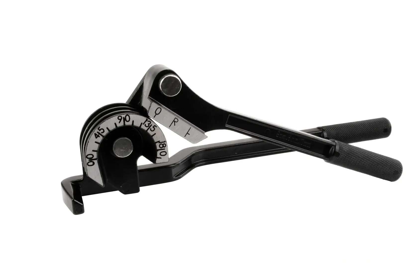 STANLEY 0-70-451 manual pipe bender tool, black metal, shown from side angle on white background.