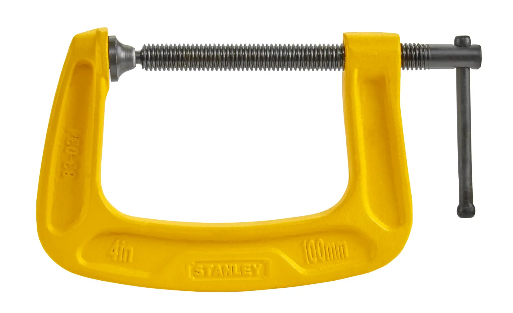 Yellow STANLEY C-clamp for woodworking or metalworking, 4 inch size, with a threaded screw and handle.