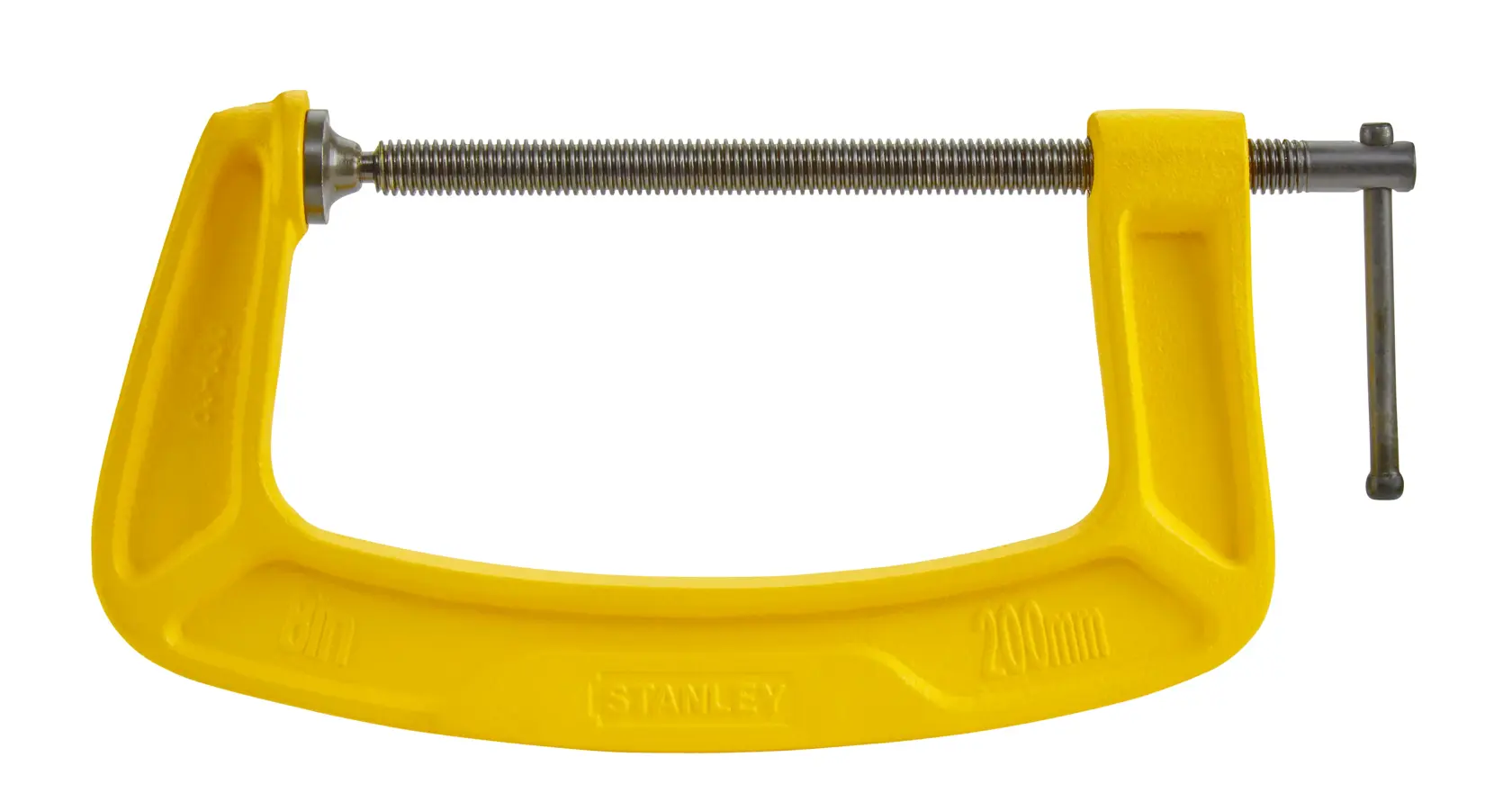 Photo of STANLEY 0-83-036 C-clamp, yellow frame with silver screw, product on white background, side angle.