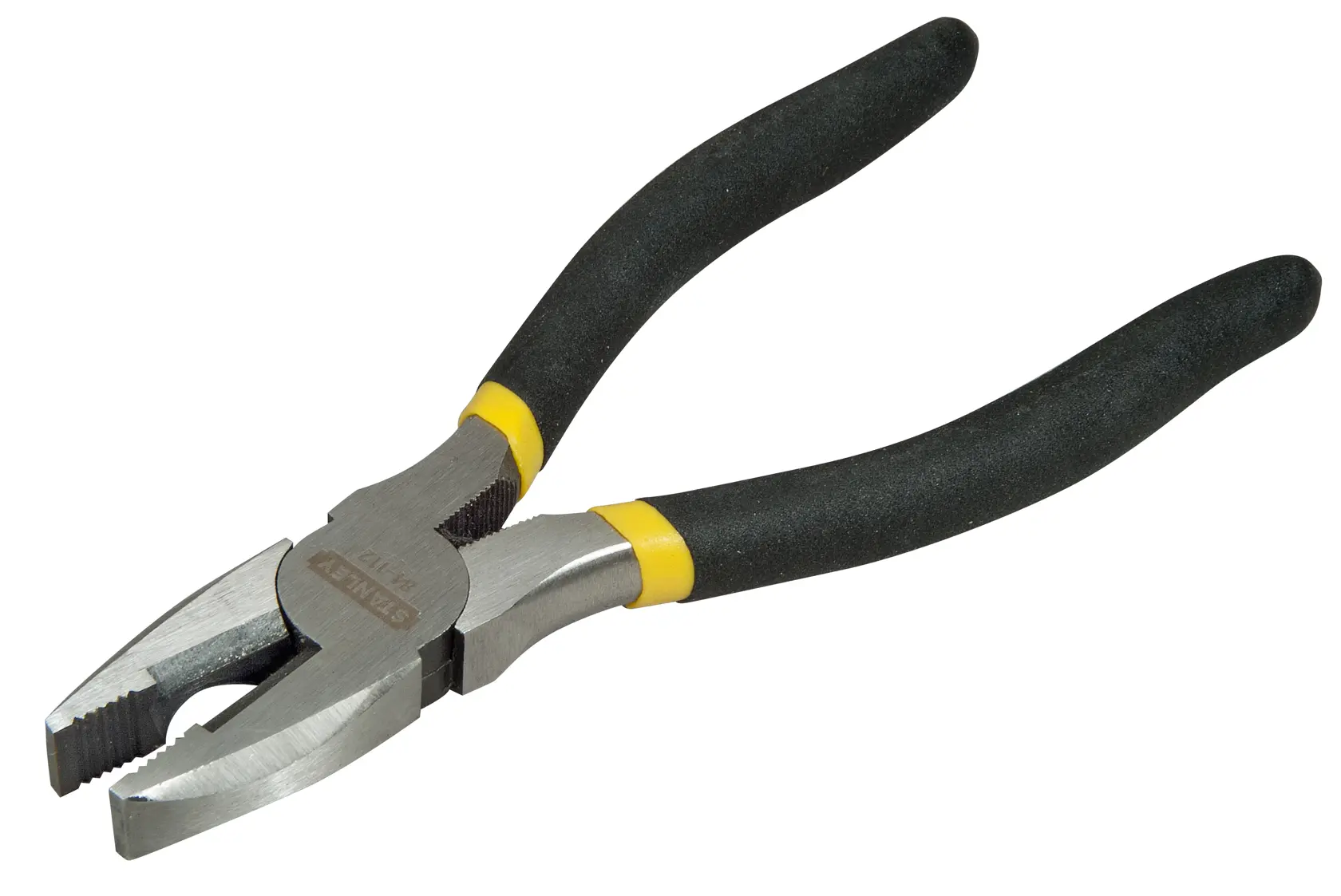 STANLEY 0-84-112 combination pliers with black and yellow handles, angled view on white background.