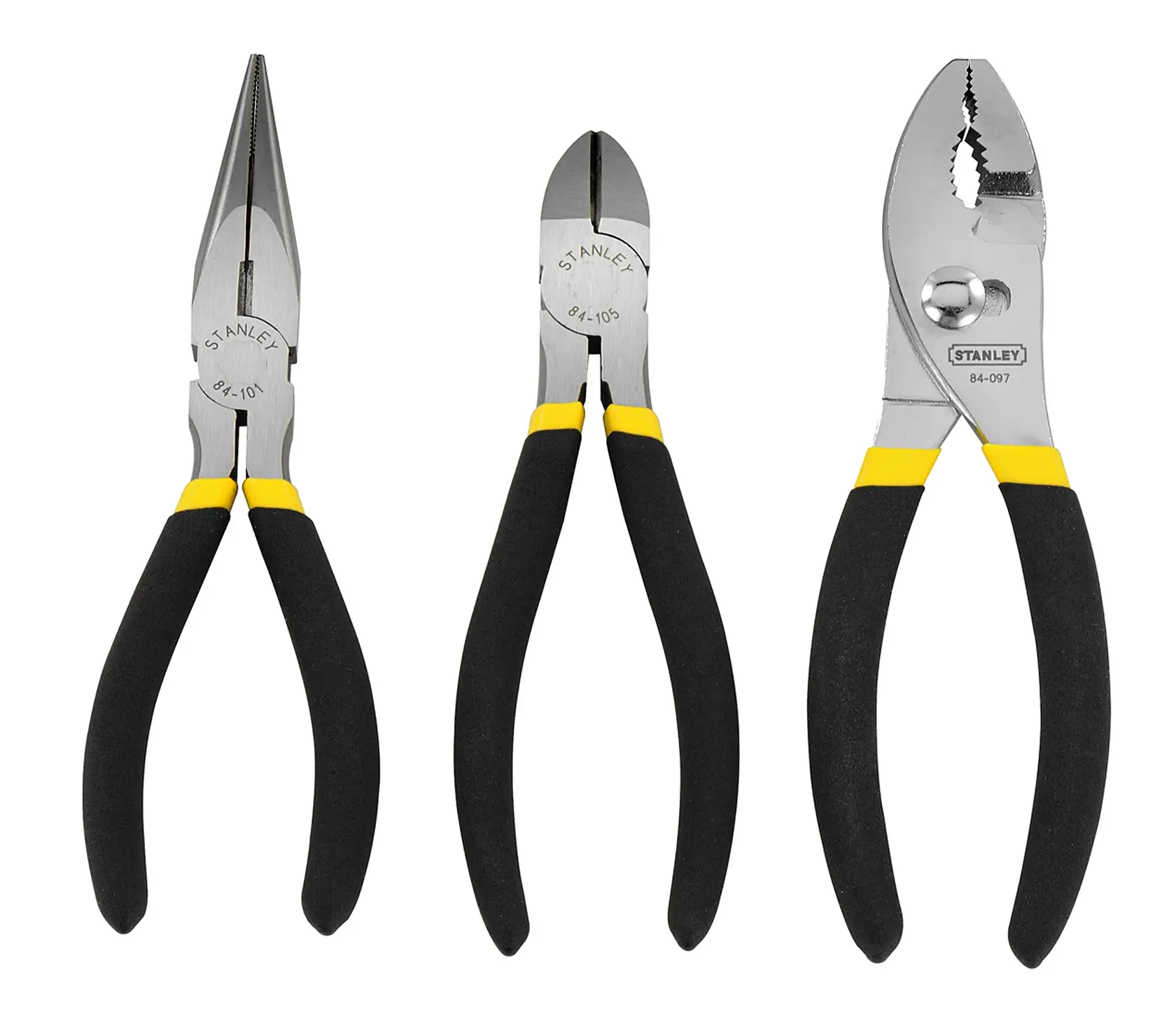 Three STANLEY pliers with black and yellow handles, displayed vertically against a white background.