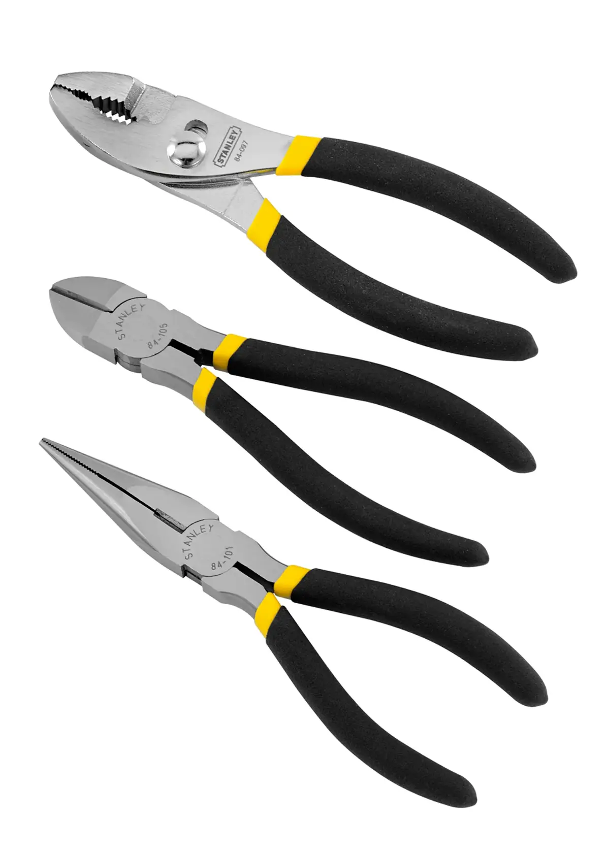 Set of three STANLEY pliers with black and yellow handles for various gripping and cutting tasks.