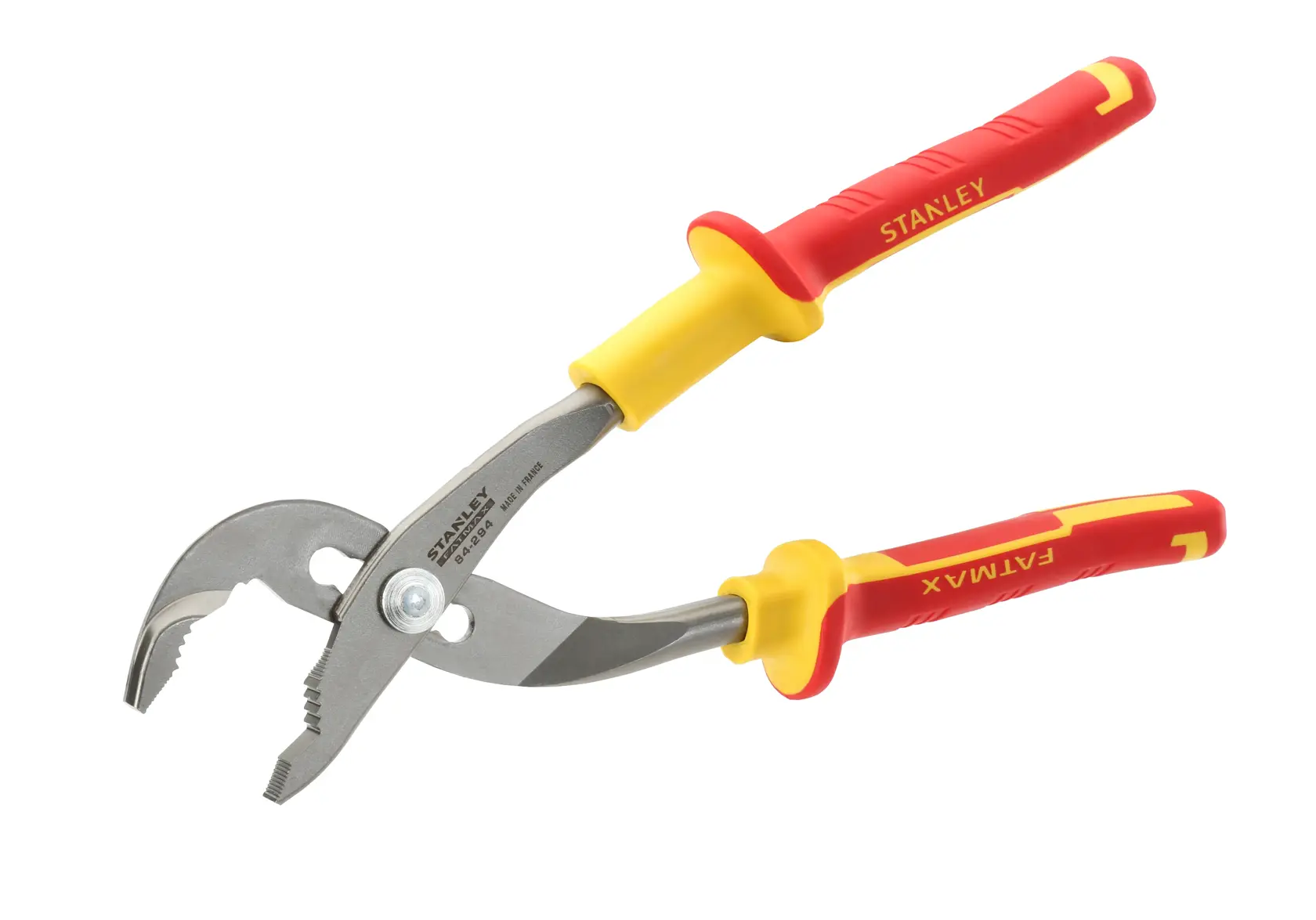 Stanley insulated pliers with red and yellow handles, adjustable jaw for gripping and electrical work.
