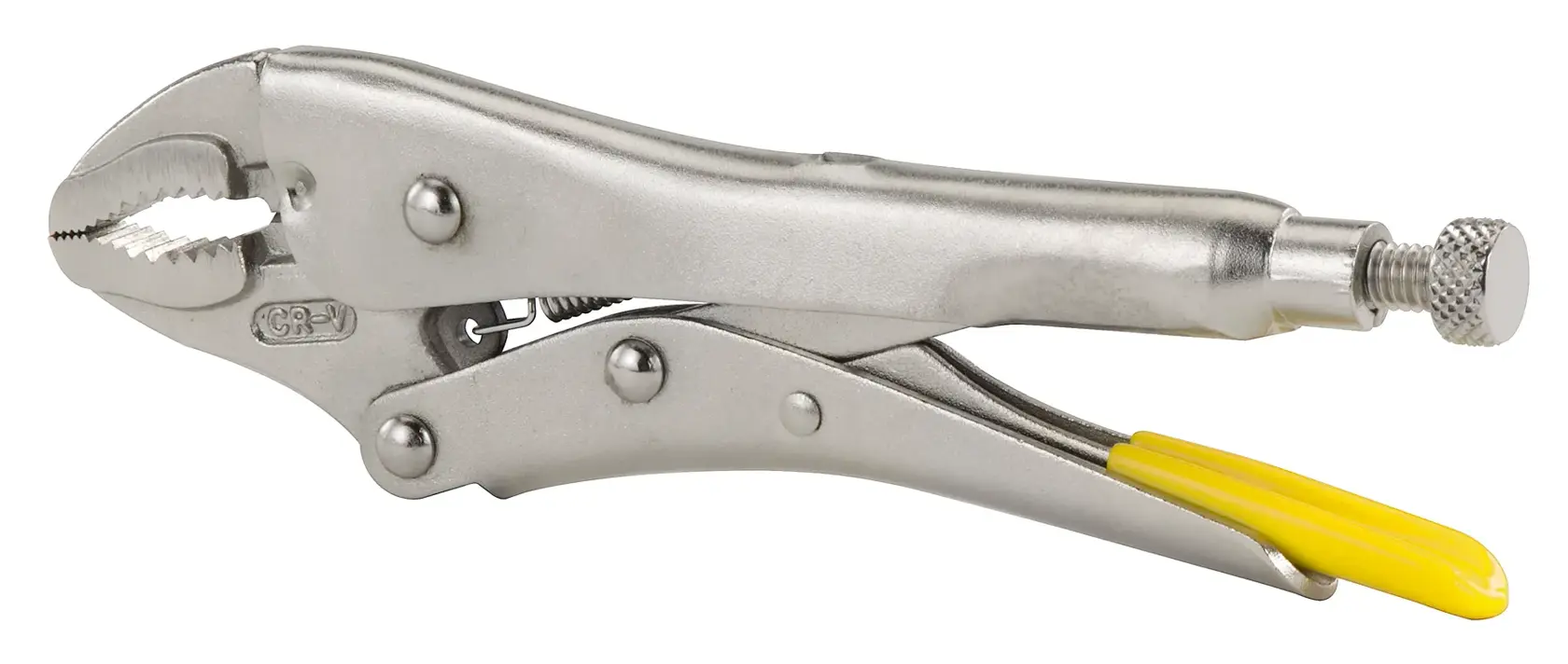 STANLEY 0-84-808 locking pliers with curved jaws, silver finish and yellow handle, side angle photo.