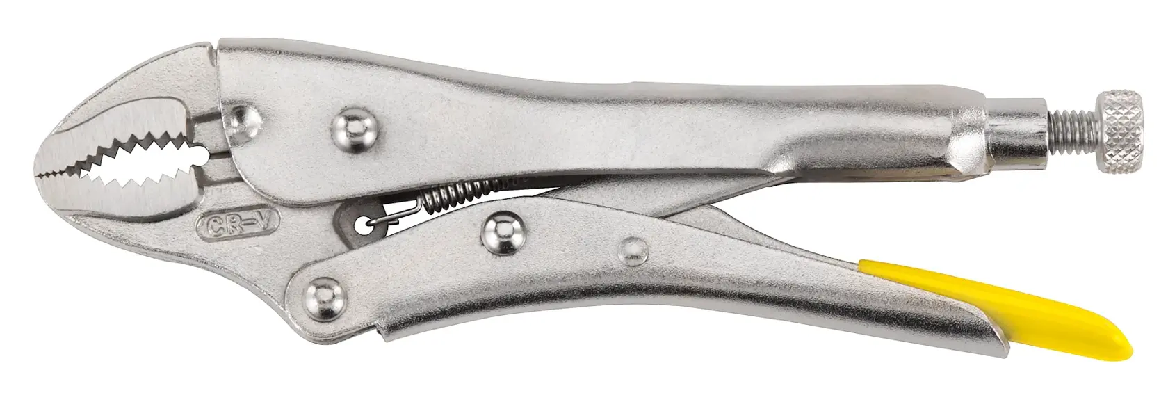 STANLEY 0-84-808 locking pliers, silver metal with yellow handle tip, side view on white background.