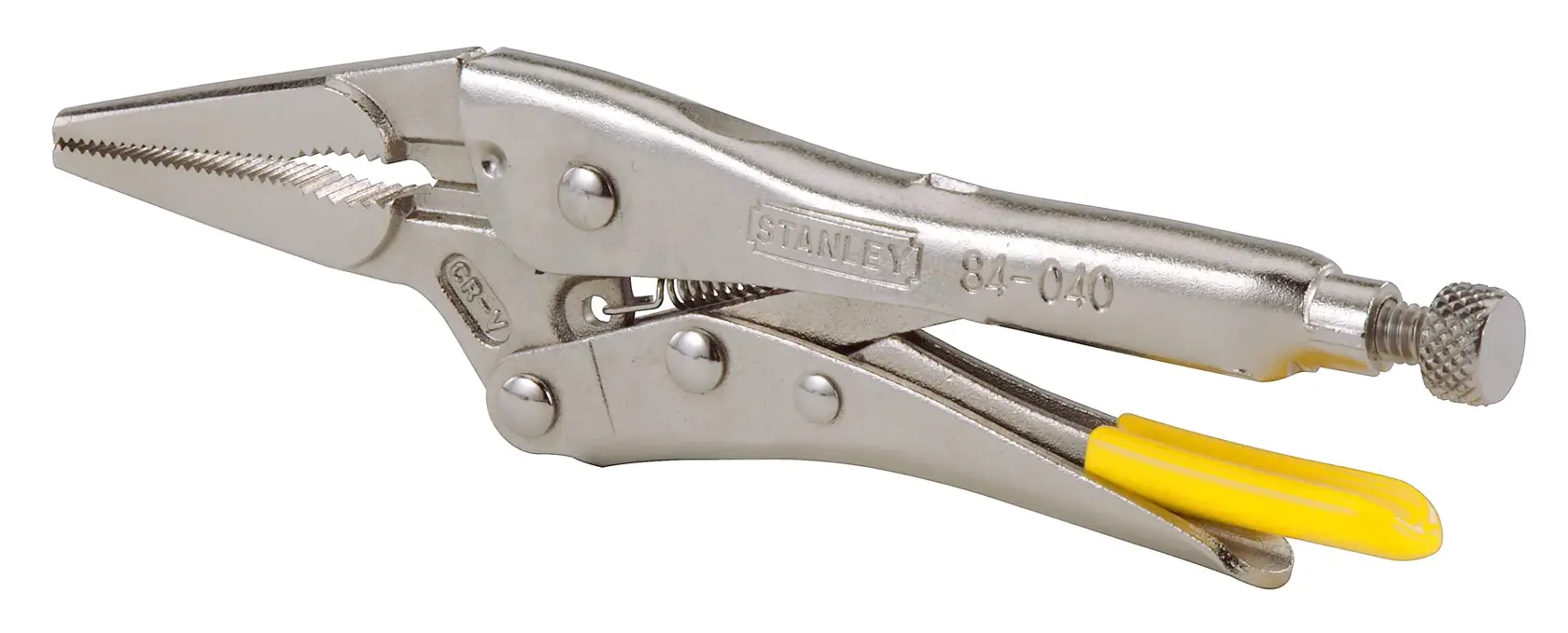 Stanley long nose locking pliers with yellow handle grip and adjustment screw, silver metal finish.