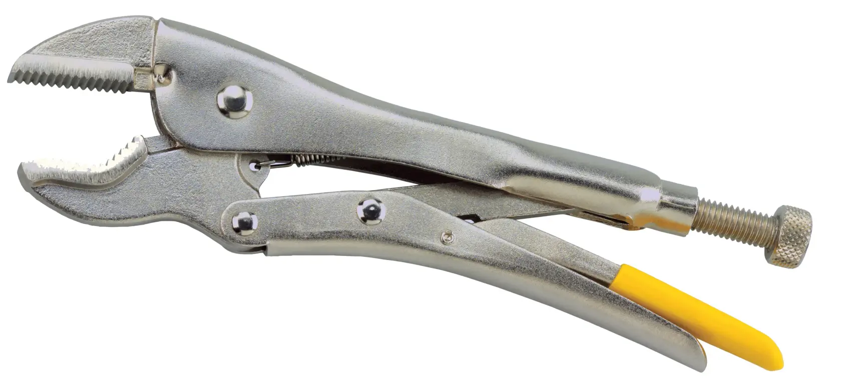 STANLEY 0-84-814 curved jaw locking pliers with metallic finish and yellow grip, side view on white background.