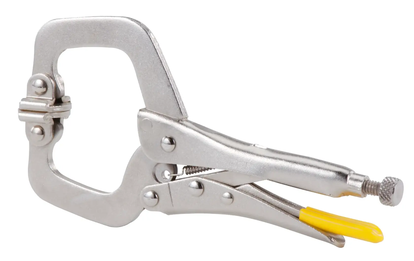 STANLEY 0-84-815 metal C-clamp locking pliers with yellow grip detail, side angle on white background.