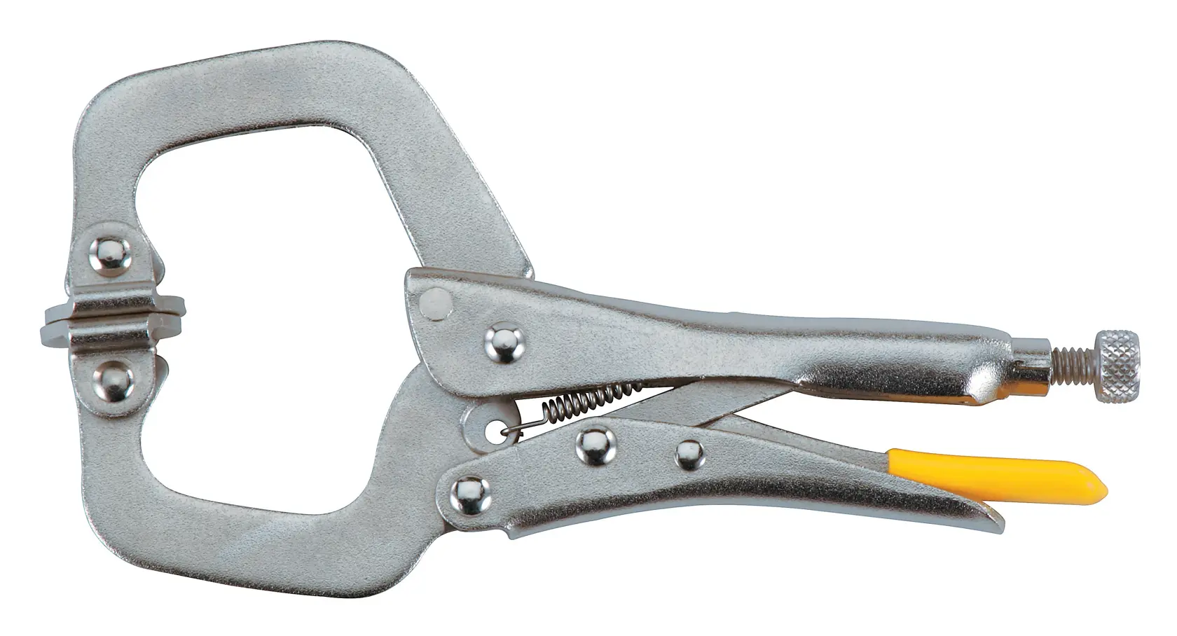STANLEY 0-84-815 silver locking C-clamp with yellow trigger, side angle, on white background