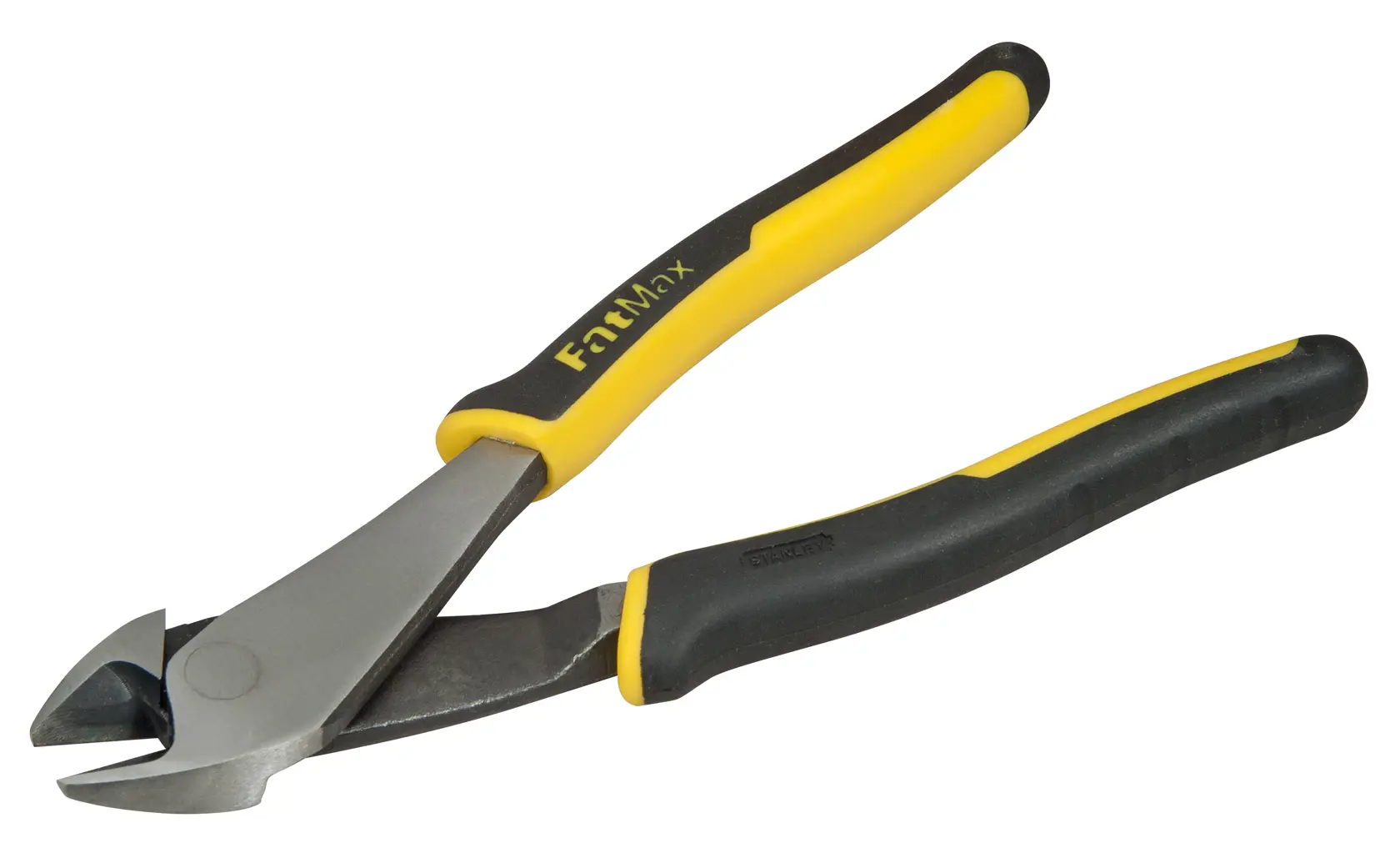 STANLEY 0-89-861 diagonal cutting pliers with yellow and black handles, side view, on white background.