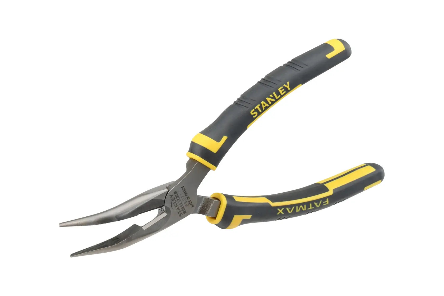 Stanley FatMax long nose pliers with black and yellow grip handles.