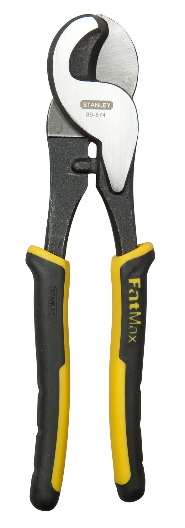 STANLEY 0-89-874 cable cutter with black and yellow handles, front angle on white background.