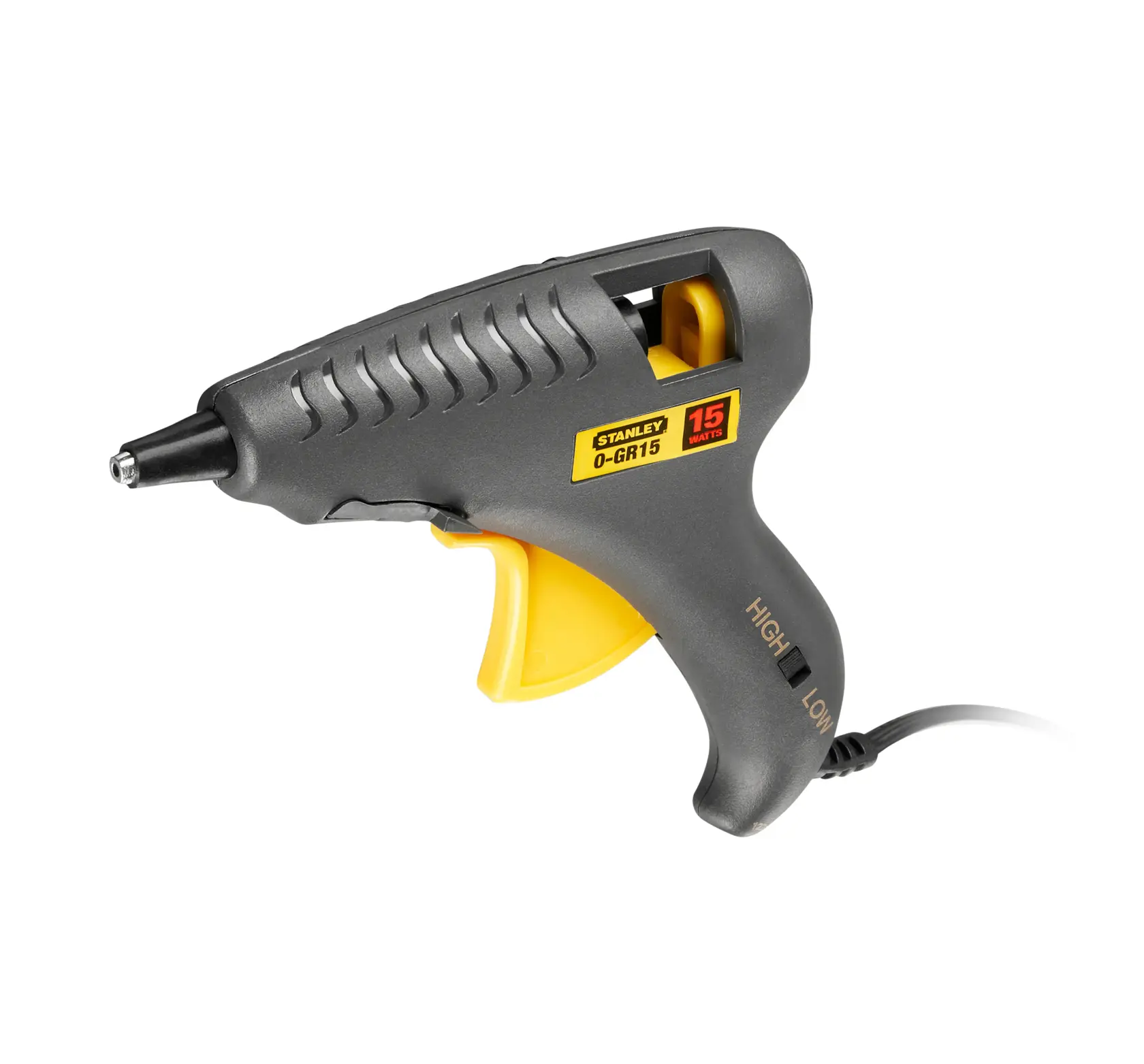 STANLEY 0-GR15 photography of grey and yellow glue gun, right side angle, high-low switch visible.