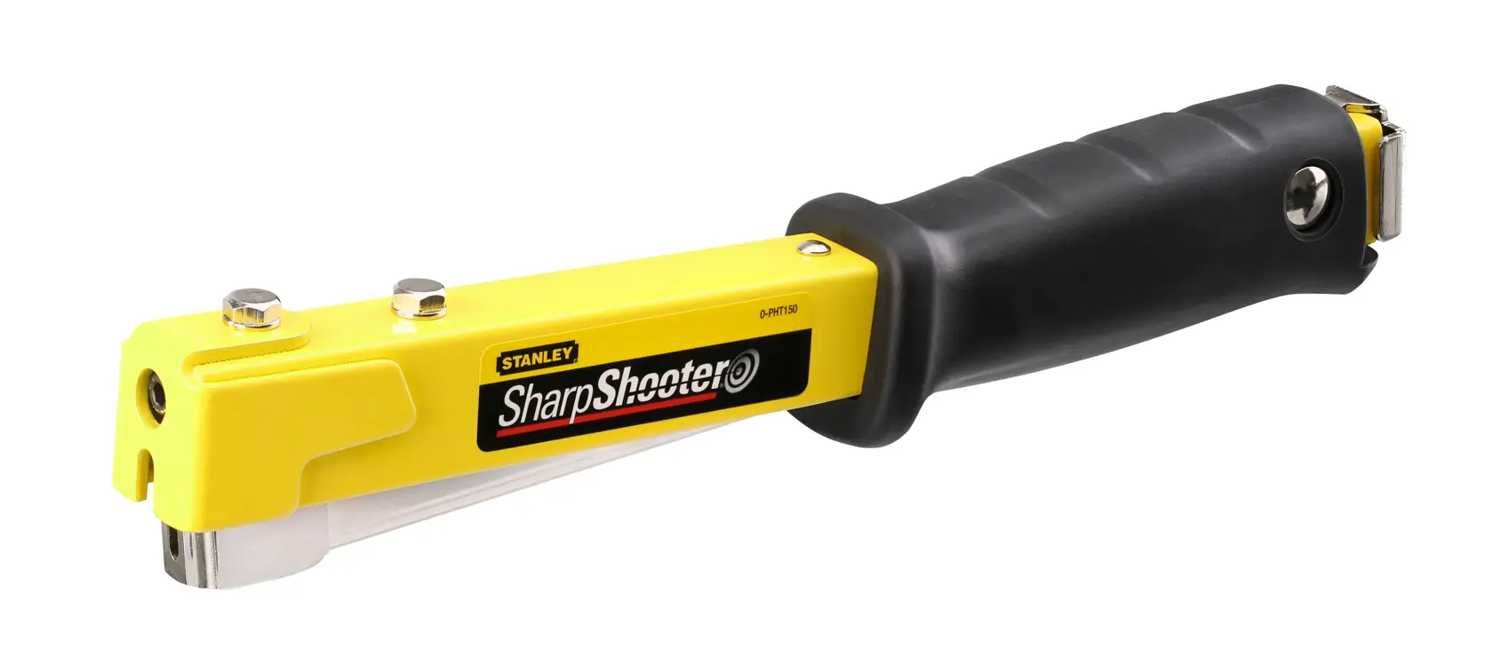 Stanley SharpShooter hand stapler with yellow metal body and black grip handle, shown isolated on white.