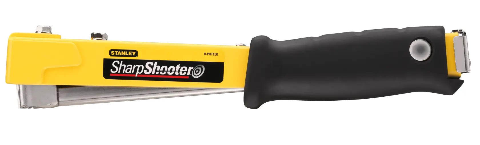 STANLEY 0-PHT150 hand stapler, yellow and black, side angle on white background, rubber grip handle.