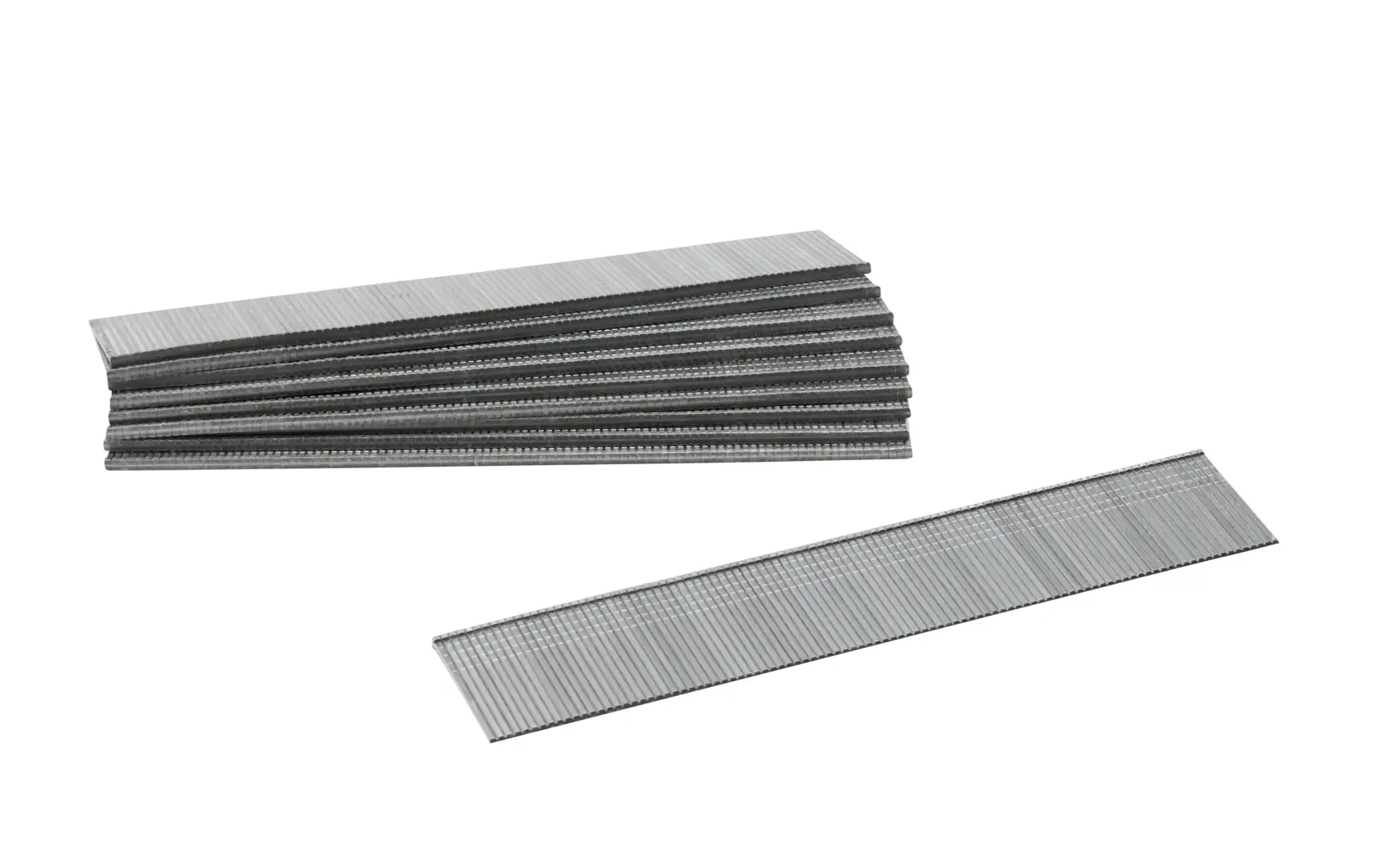 Several strips of metal staples for a stapler, arranged on a white background.