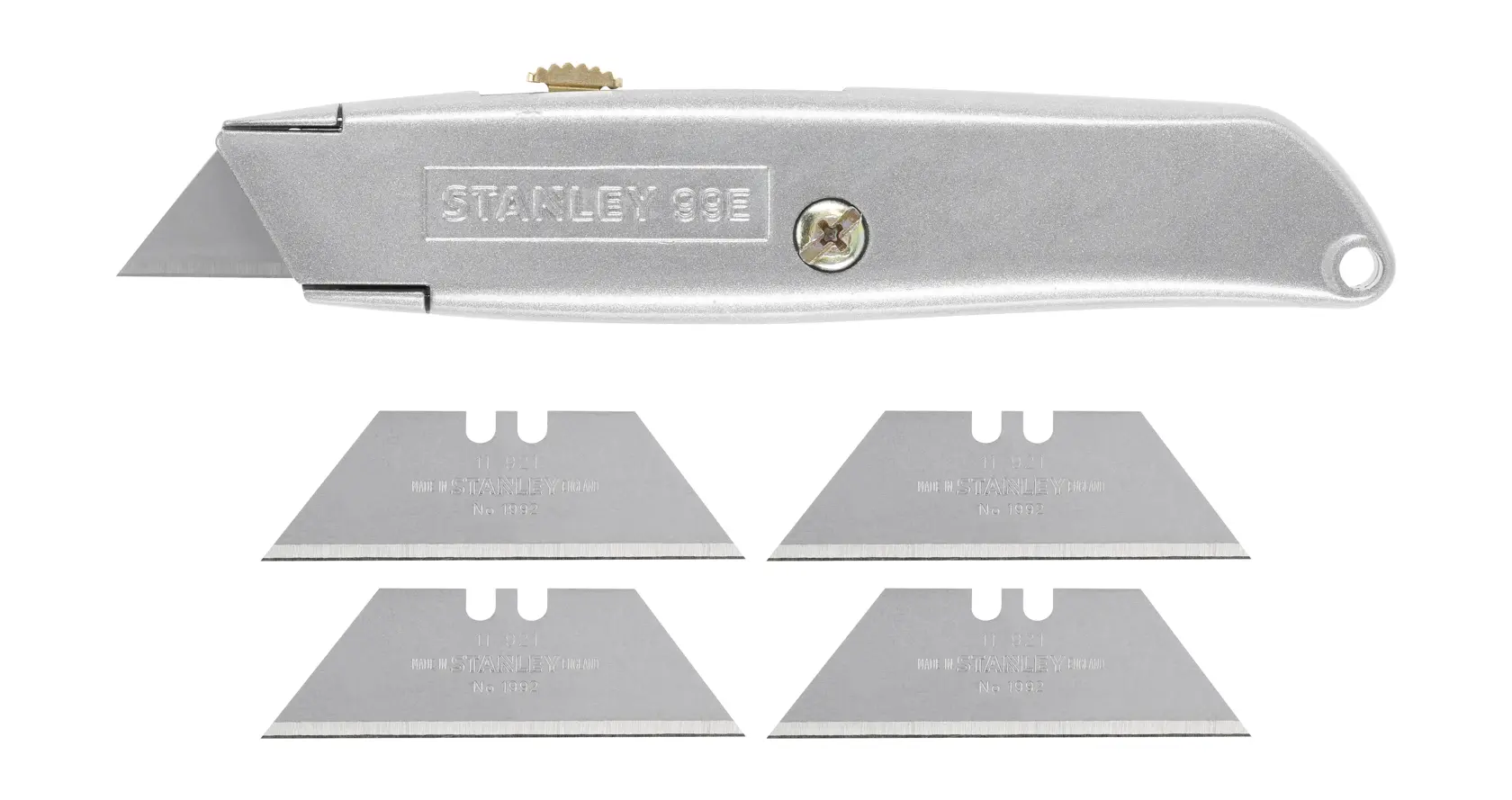 STANLEY 1-10-099 utility knife silver metal body with five replacement blades, product photography, side angle.