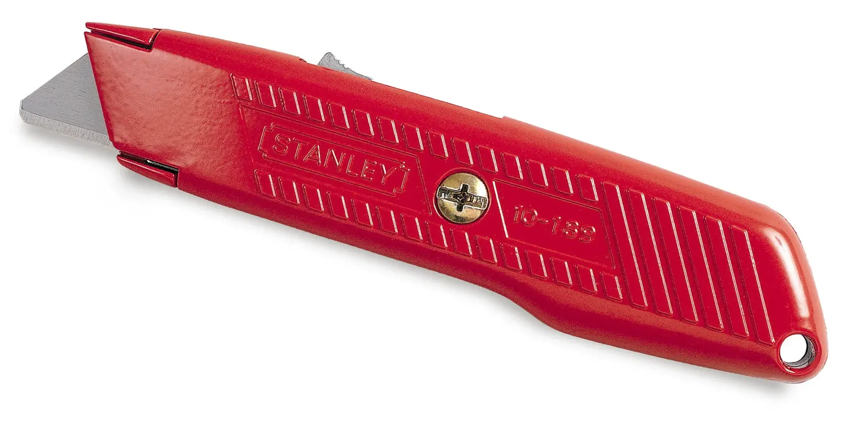 Red Stanley utility knife with metal blade, model 1-10-189, shown against a white background.
