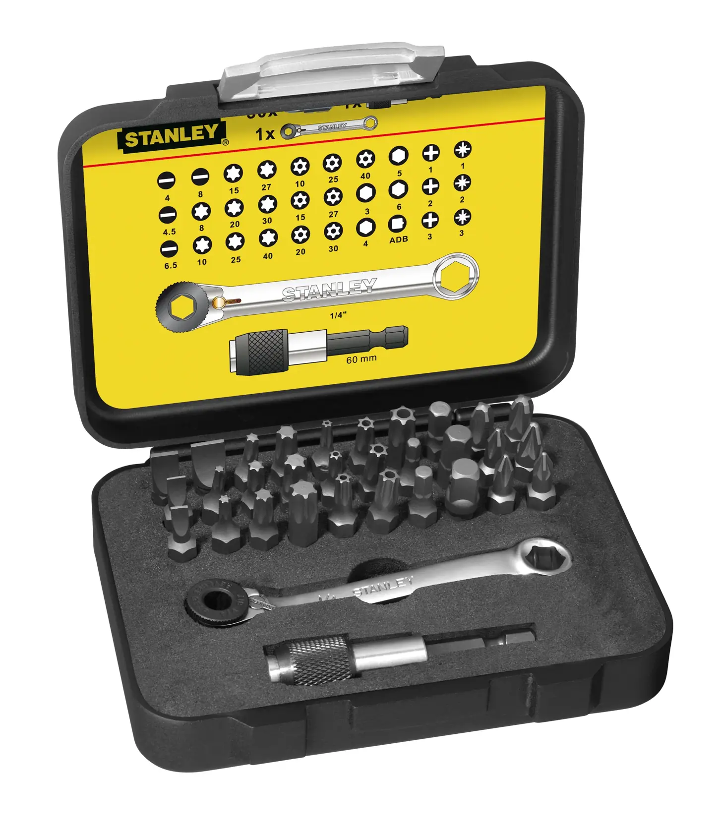 Stanley bit and ratchet set in a black case with bits and wrench, displayed with a yellow guide inside the lid.