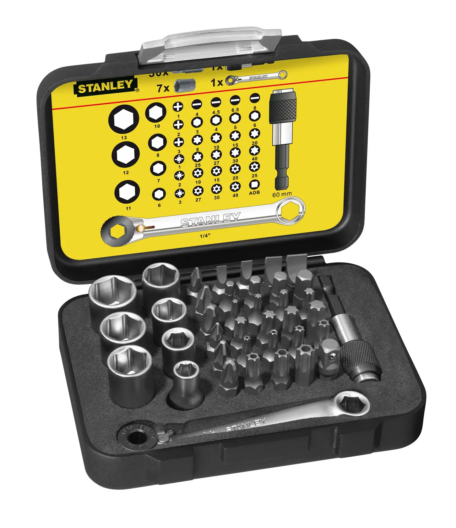Stanley socket and bit set in a black case with yellow lid, various sizes and wrench for repairs or assembly.