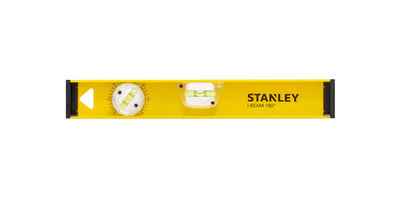 Photo of STANLEY 1-42-919 yellow I-Beam spirit level with dual vials, front angle, on white background.