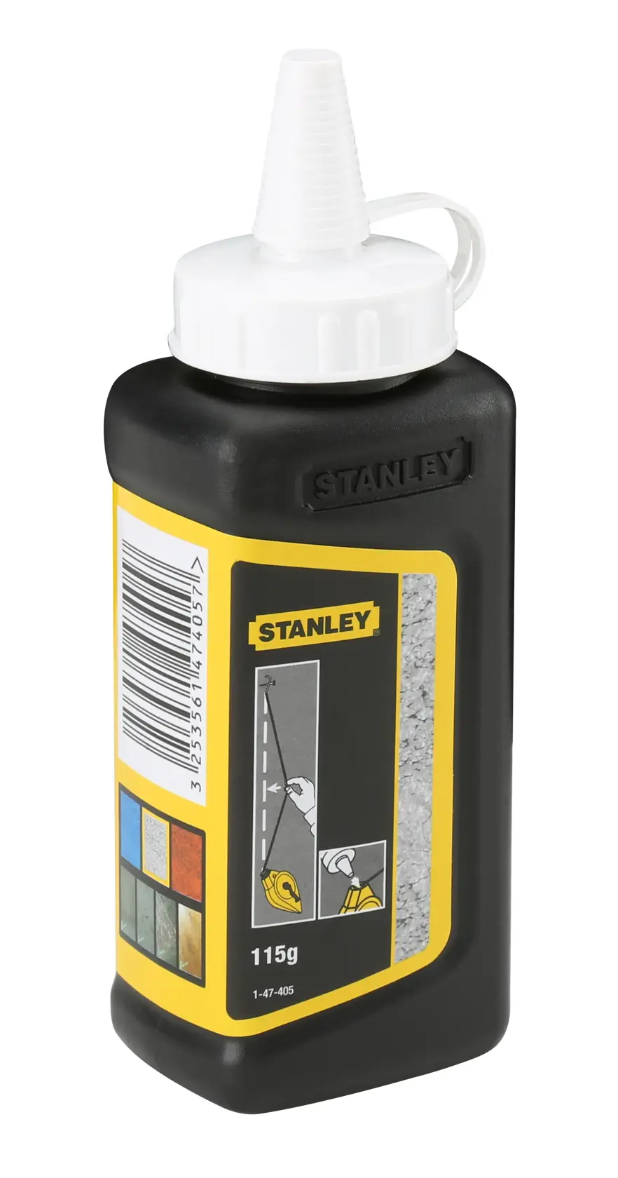 Stanley 115g chalk refill bottle with screw cap, used for marking lines in construction and photography.
