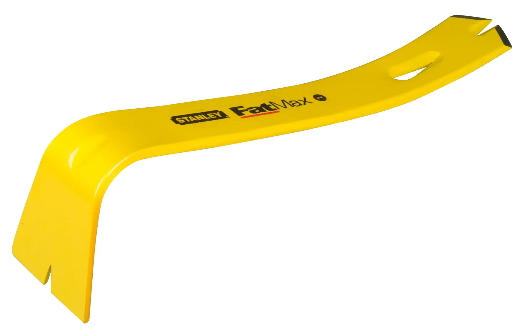 Yellow Stanley FatMax pry bar with angled ends and nail slots, used for demolition and prying tasks.