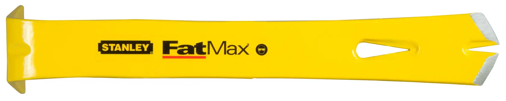 STANLEY 1-55-516 pry bar, yellow FatMax model, flat steel tool with angled ends, side view, white background.