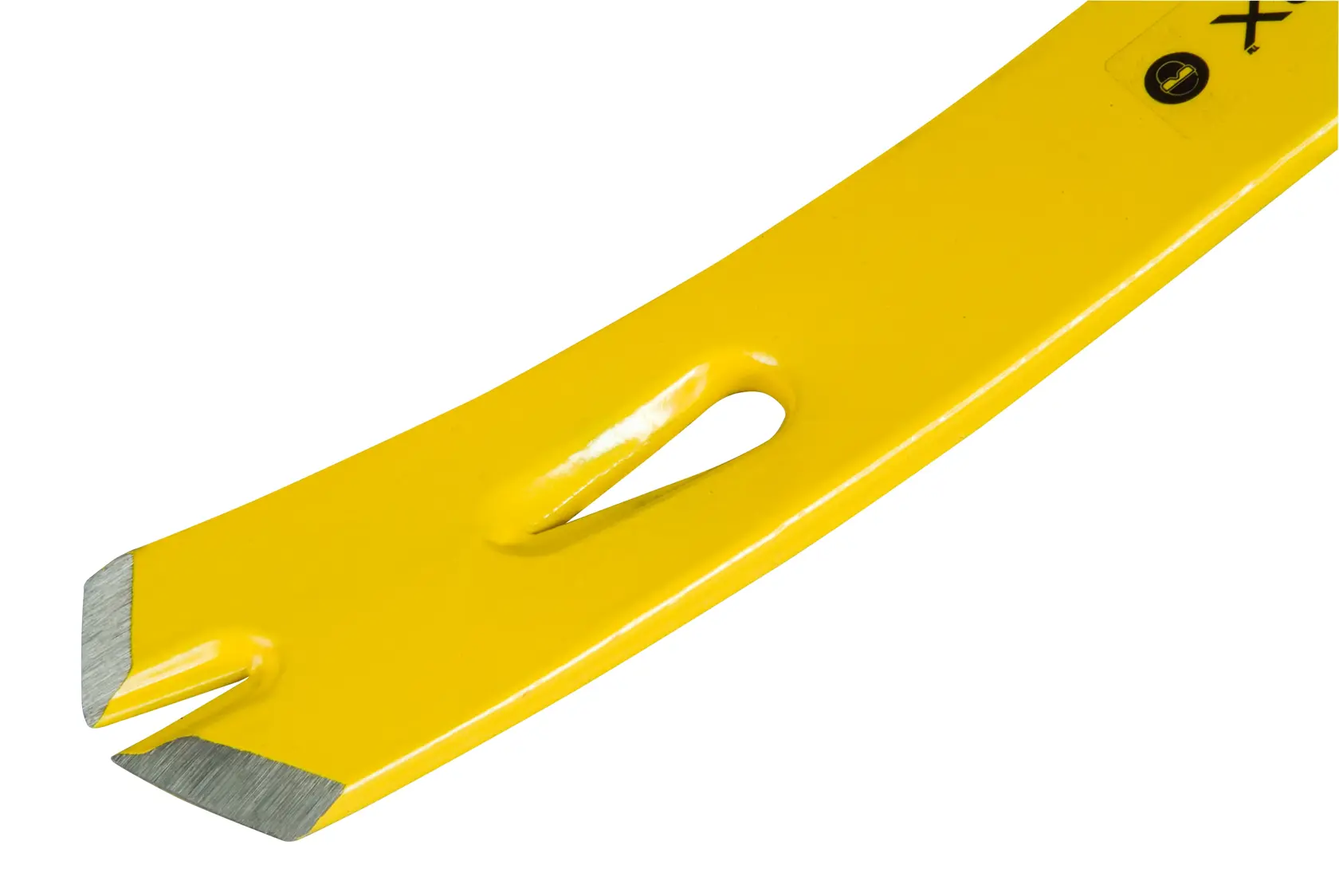 Close-up of a yellow Stanley pry bar with a beveled end and nail puller slot.