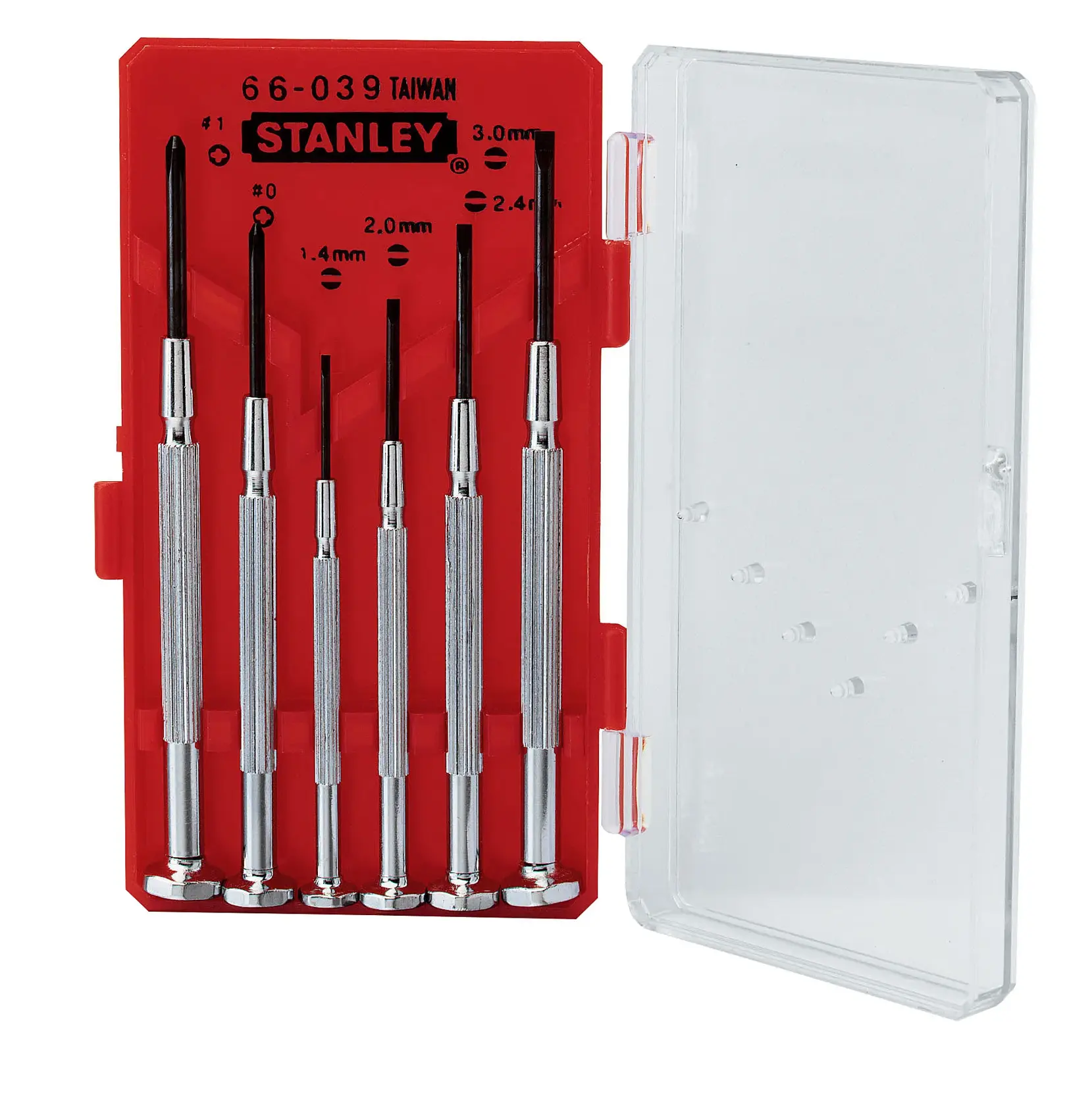 STANLEY 1-66-039 precision screwdriver set in red plastic case, six metal screwdrivers, case open, front angle.