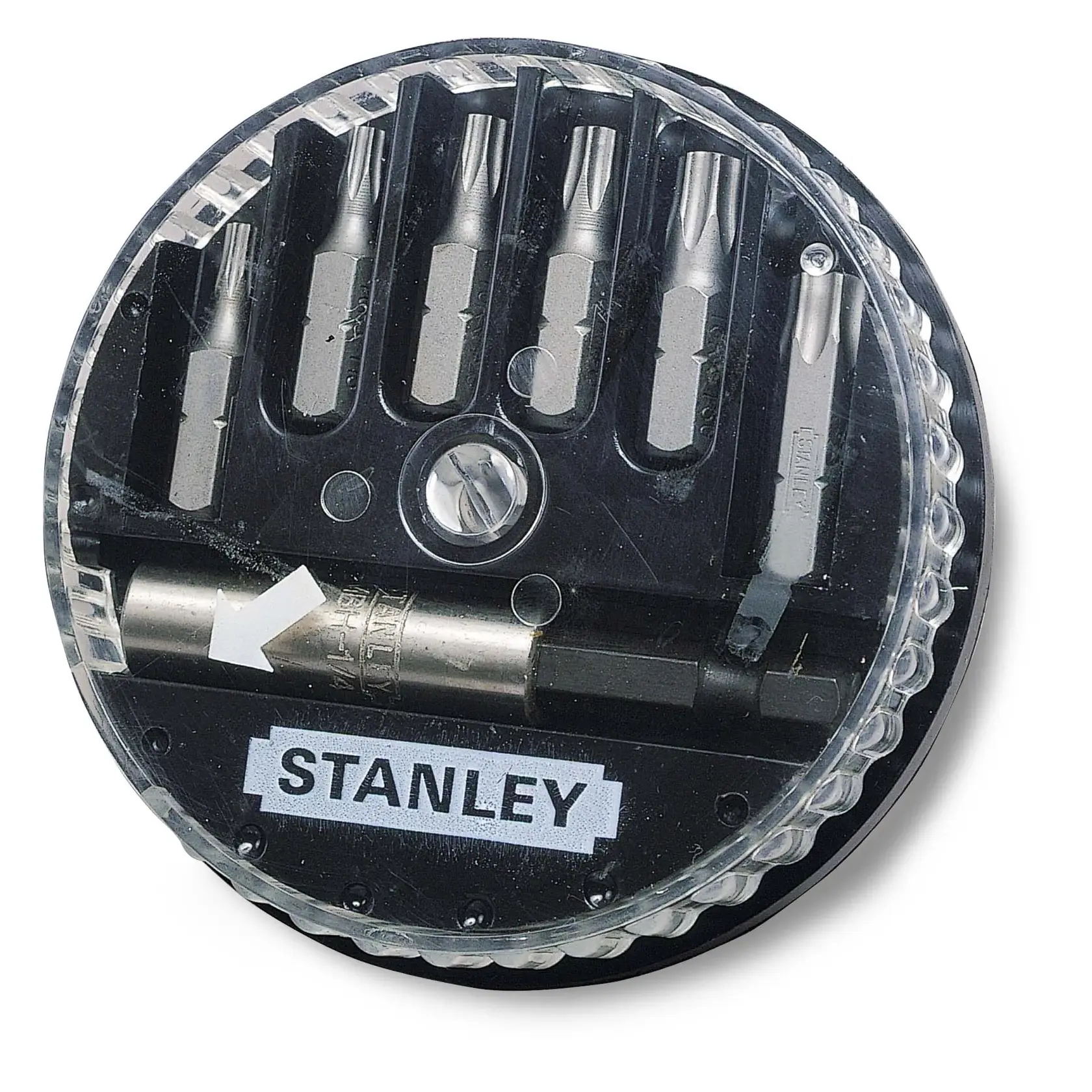 STANLEY 1-68-739 bit set in round clear case, showing multiple screwdriver bits front view.