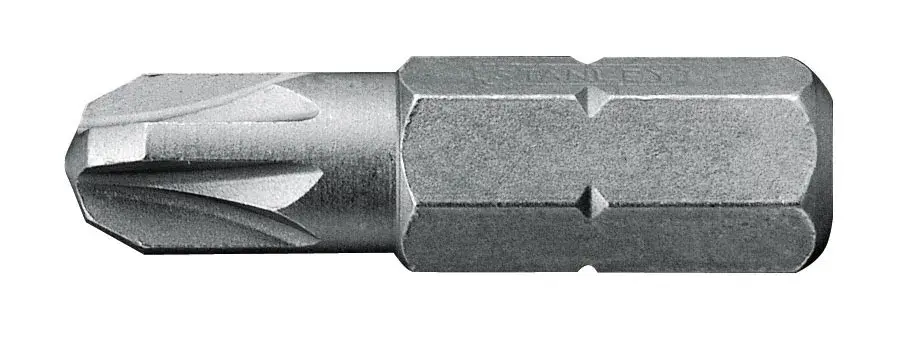 Single Phillips screwdriver bit, metallic, hex base, isolated on white background.