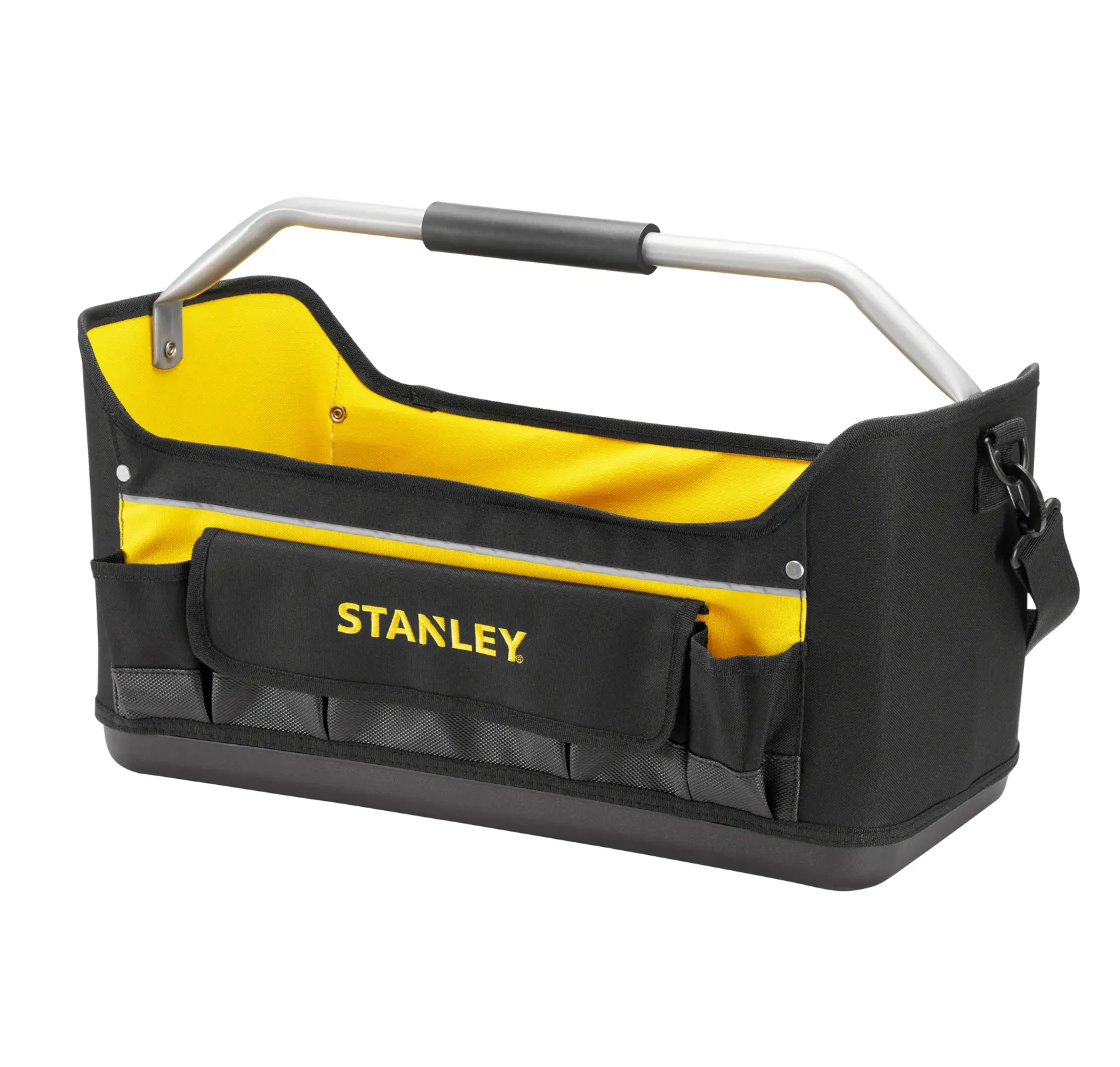 Stanley open tool tote in black and yellow with metal handle and front pocket for organizing tools.