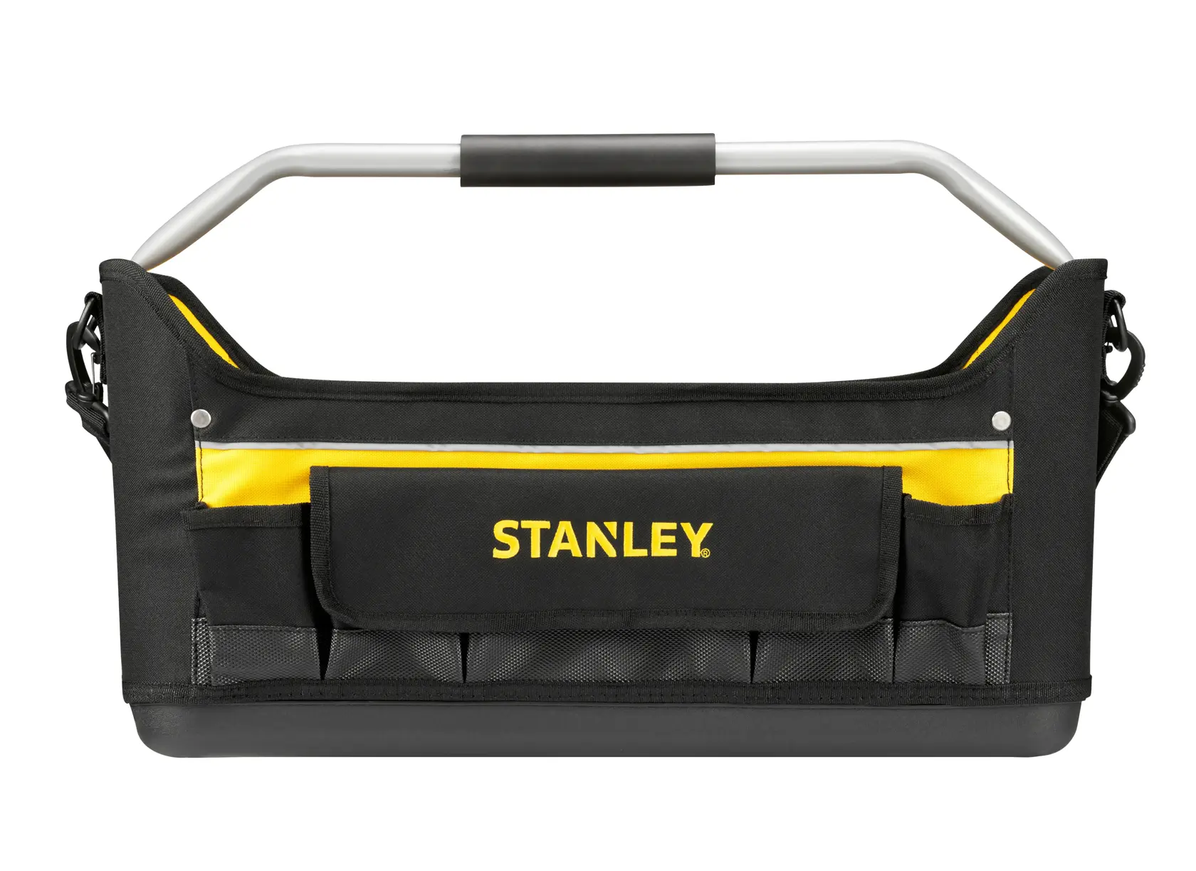 STANLEY 1-70-319 tool tote bag, black and yellow fabric, front view with metal handle.
