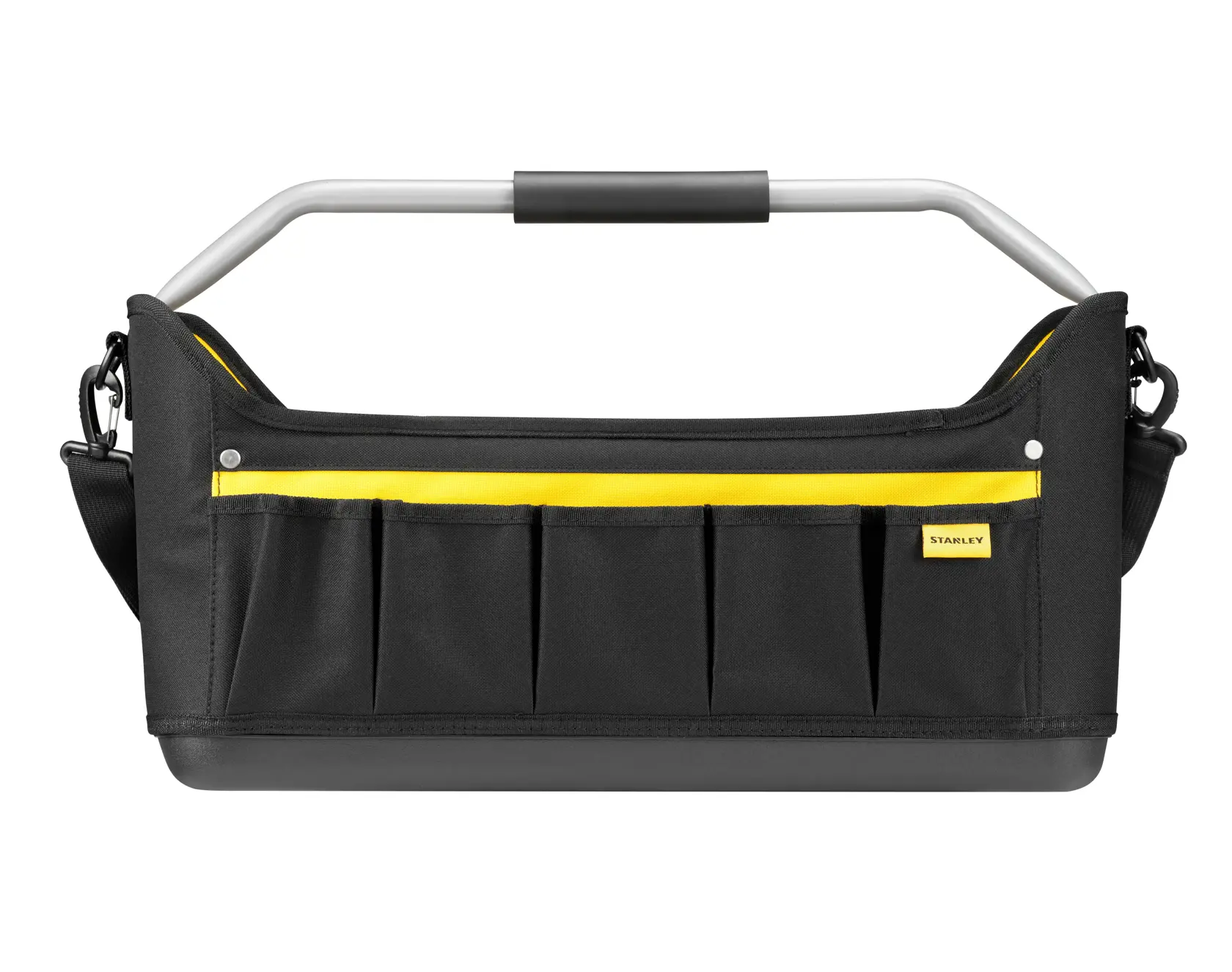 Stanley black and yellow tool bag with open top, multiple exterior pockets, and sturdy metal handle.