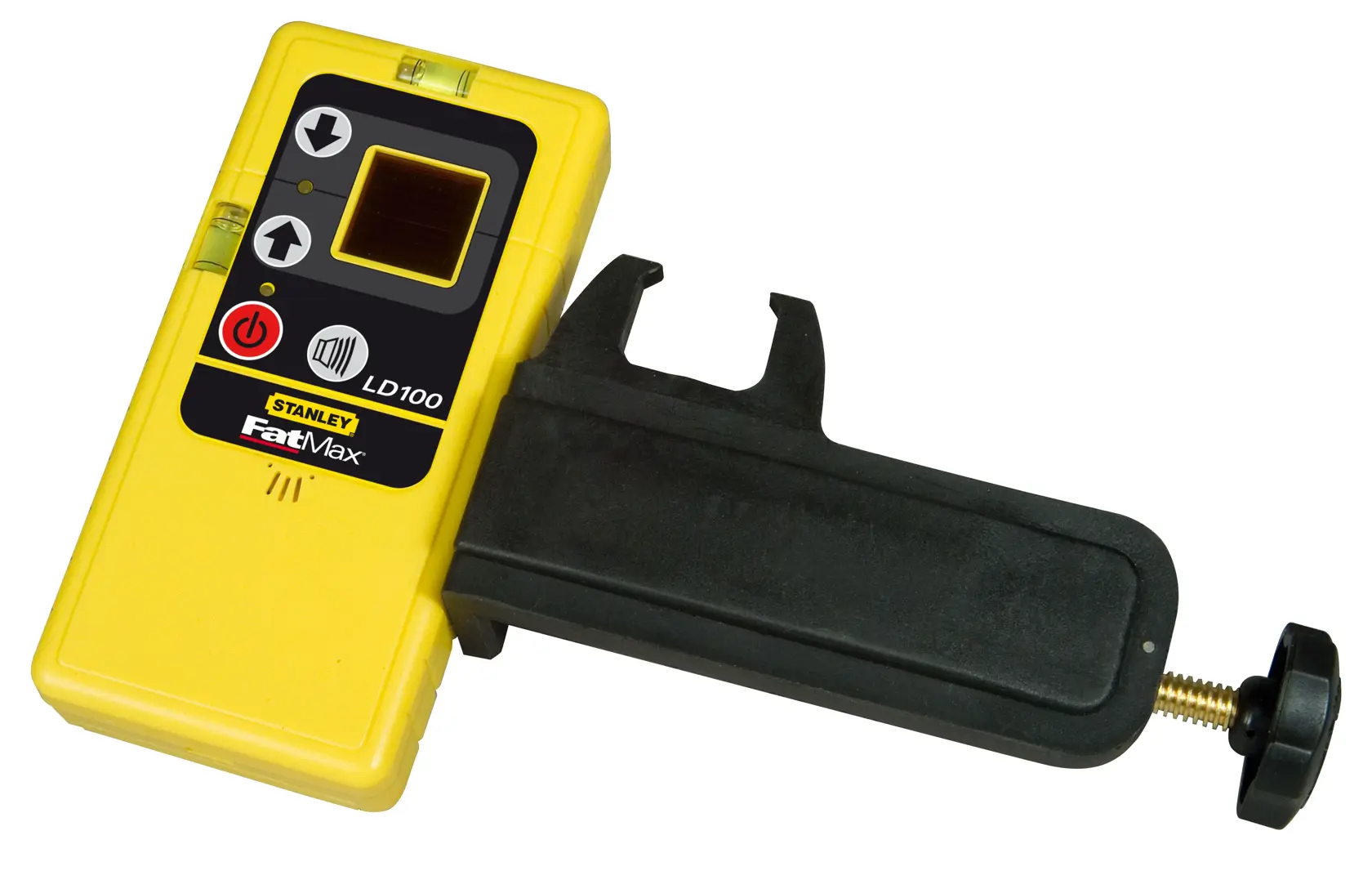 Stanley 1-77-023 laser receiver in yellow with clamp, front angle on white background.