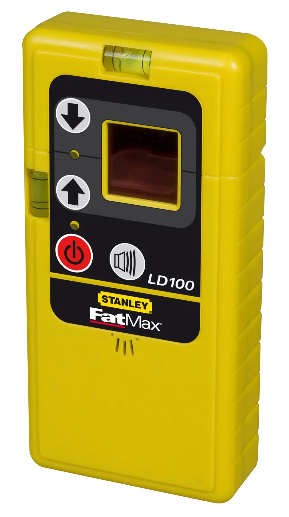 Yellow Stanley FatMax LD100 laser detector with display, buttons, and level vials for precise measurements.