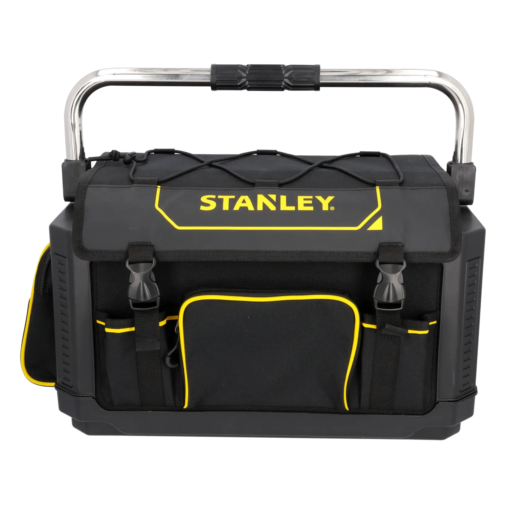 STANLEY 1-79-213 tool bag with hard base, yellow and black, front angle on white background.
