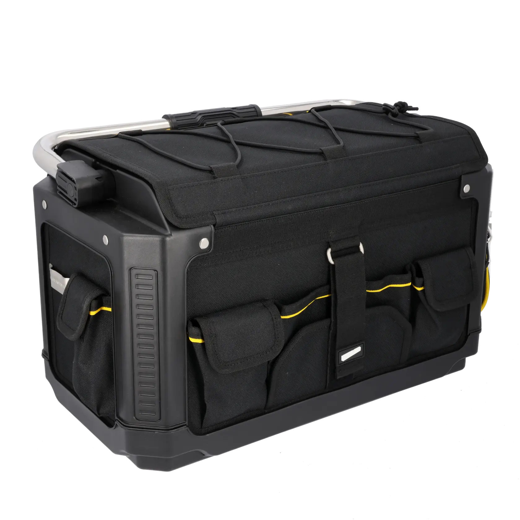STANLEY 1-79-213 black tool bag with hard sides, multiple front pockets, and yellow trim, angled on white.