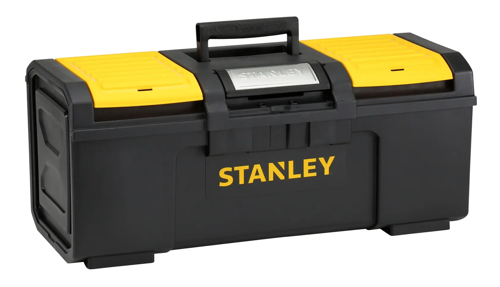 Black and yellow Stanley toolbox with handle, secure latch, and logo on the front.
