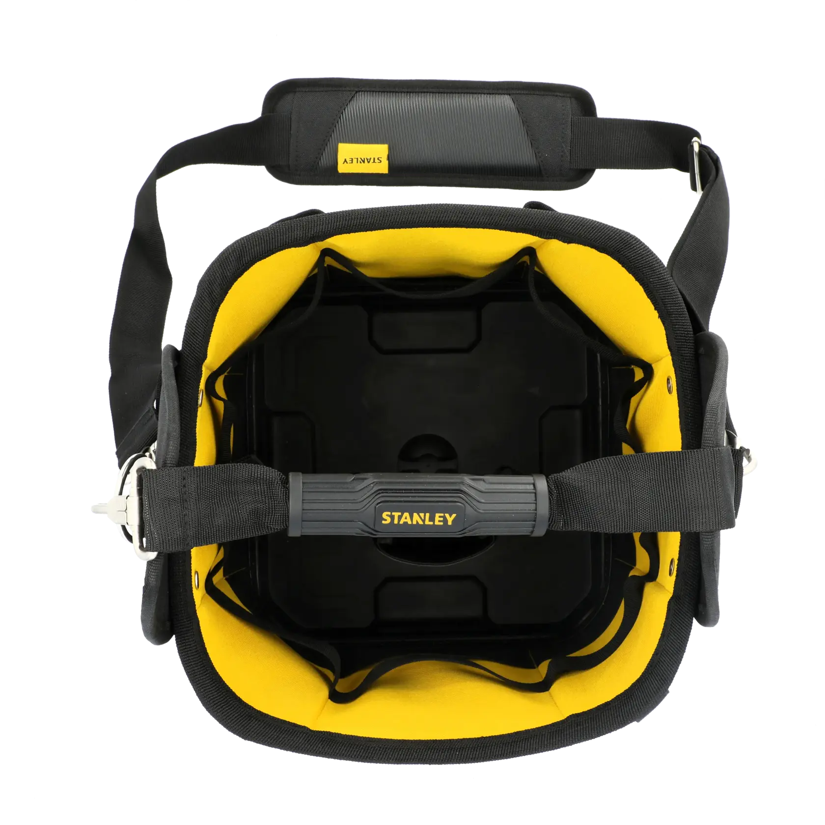 STANLEY 1-93-952 tool tote bag, yellow and black, front angle, reinforced handle, multiple pockets.
