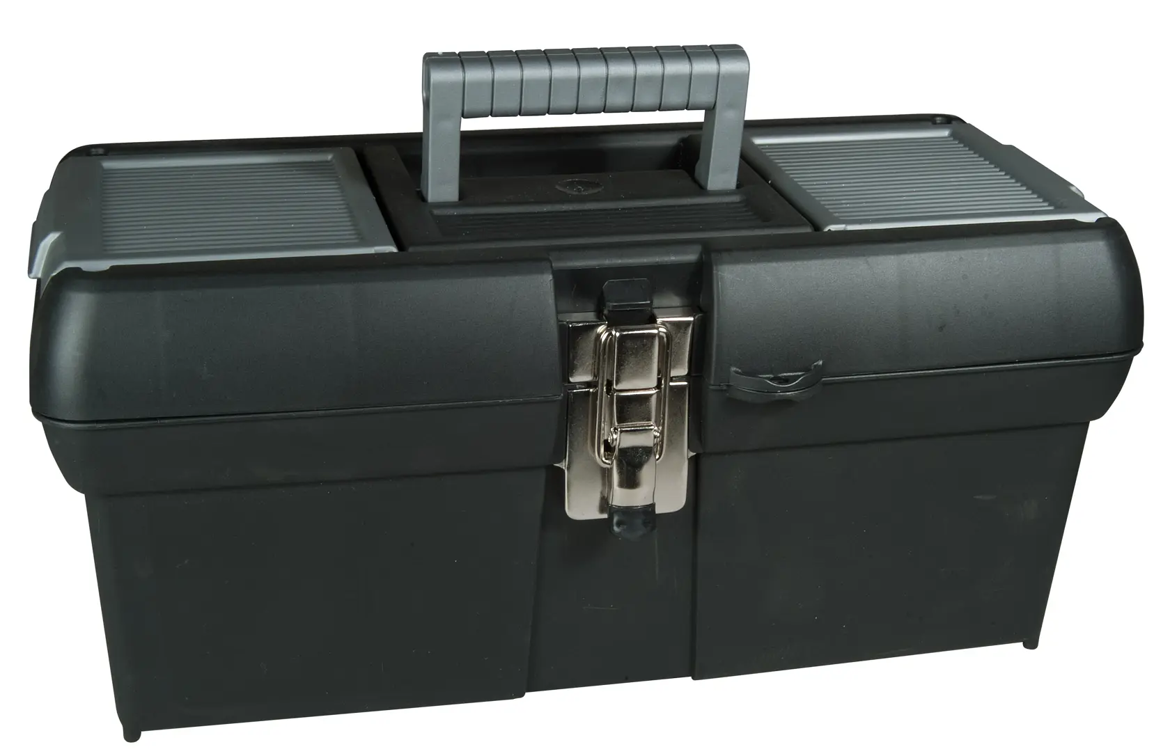 Black Stanley toolbox with metal latch and carrying handle, used for storing and organizing tools.