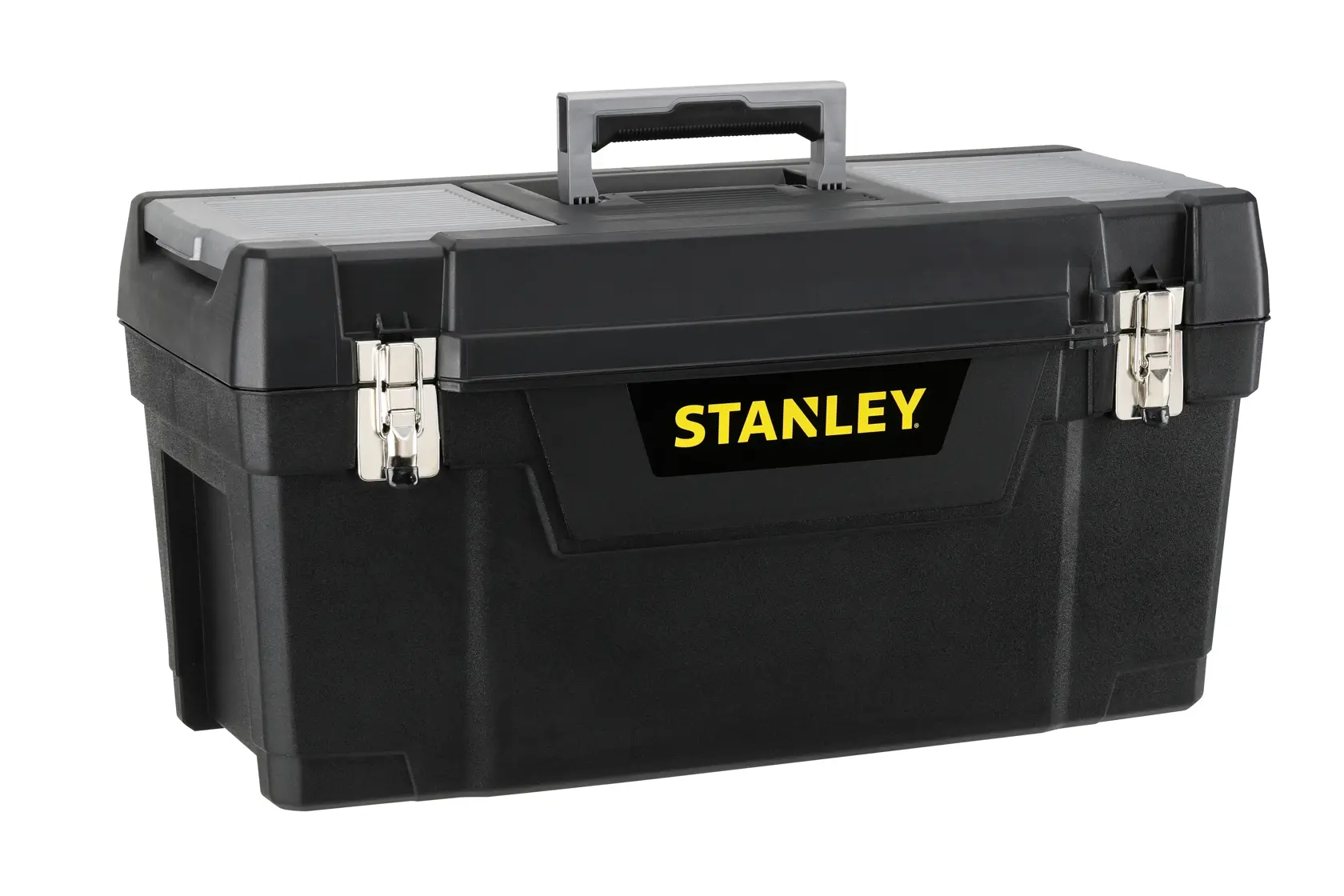 Stanley black plastic toolbox with silver metal latches and a central handle, shown against a white background.