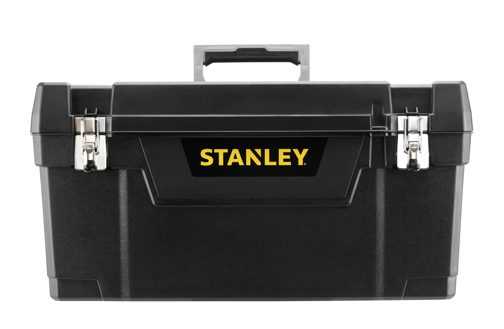 Front view photography of STANLEY 1-94-859 black toolbox with silver metal latches and central handle.