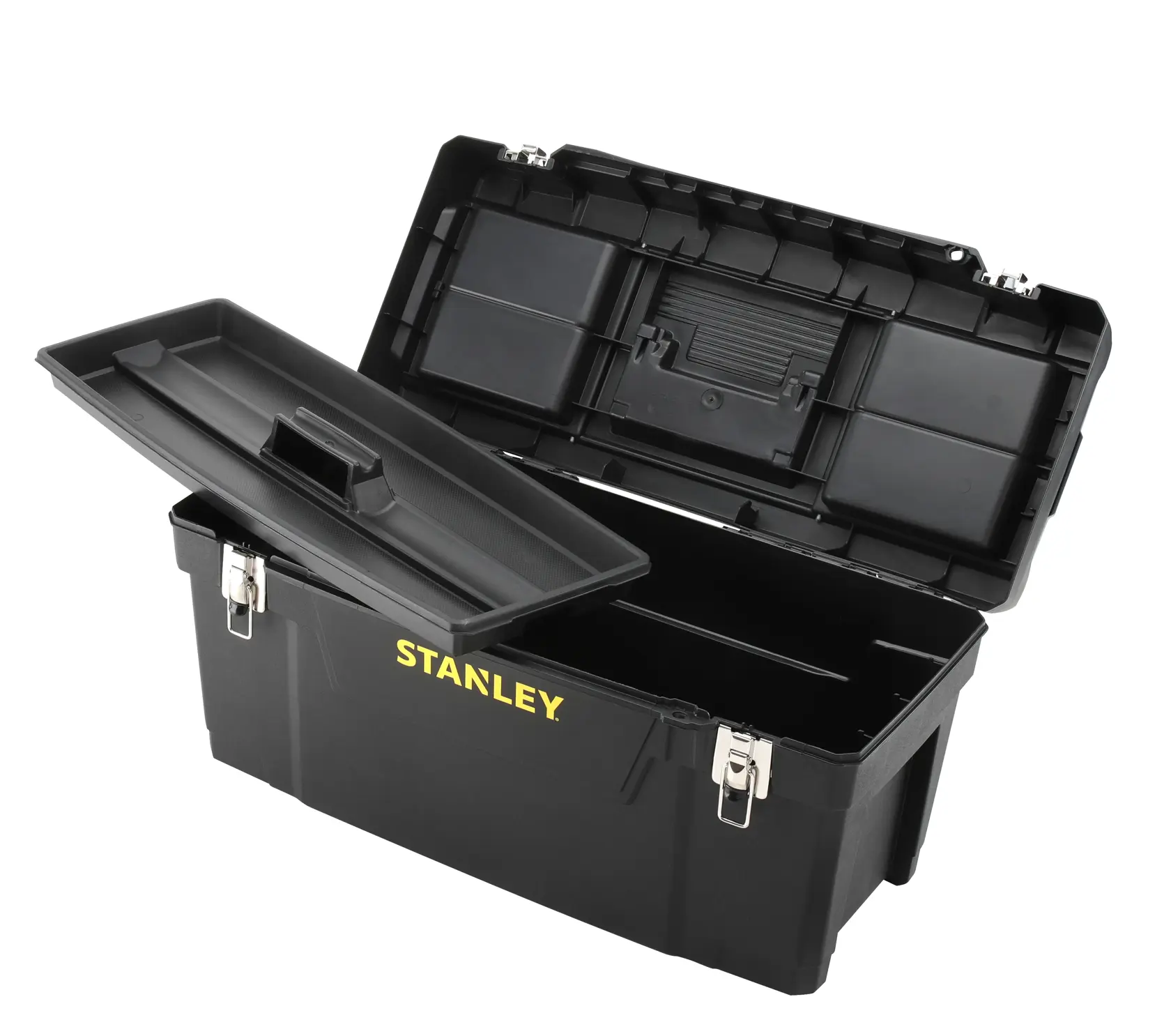 STANLEY 1-94-859 black plastic toolbox with open lid and removable tray, photography on white background.