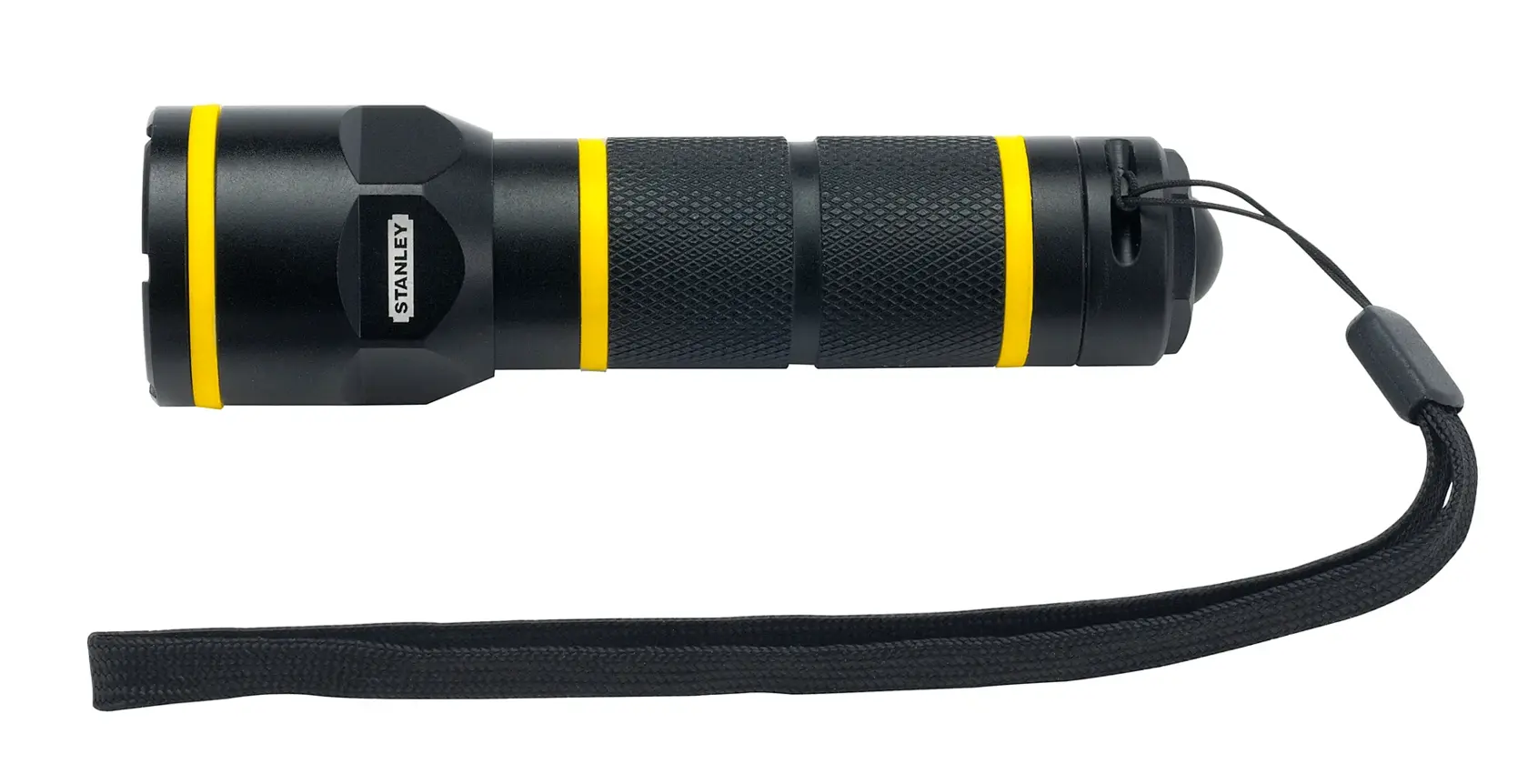 STANLEY 1-95-152 black and yellow flashlight with wrist strap, side view, on white background.