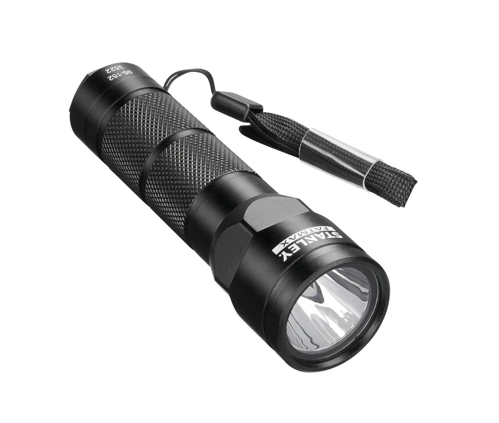 STANLEY 1-95-152 black metal flashlight with textured grip and wrist strap, front angle on white background.