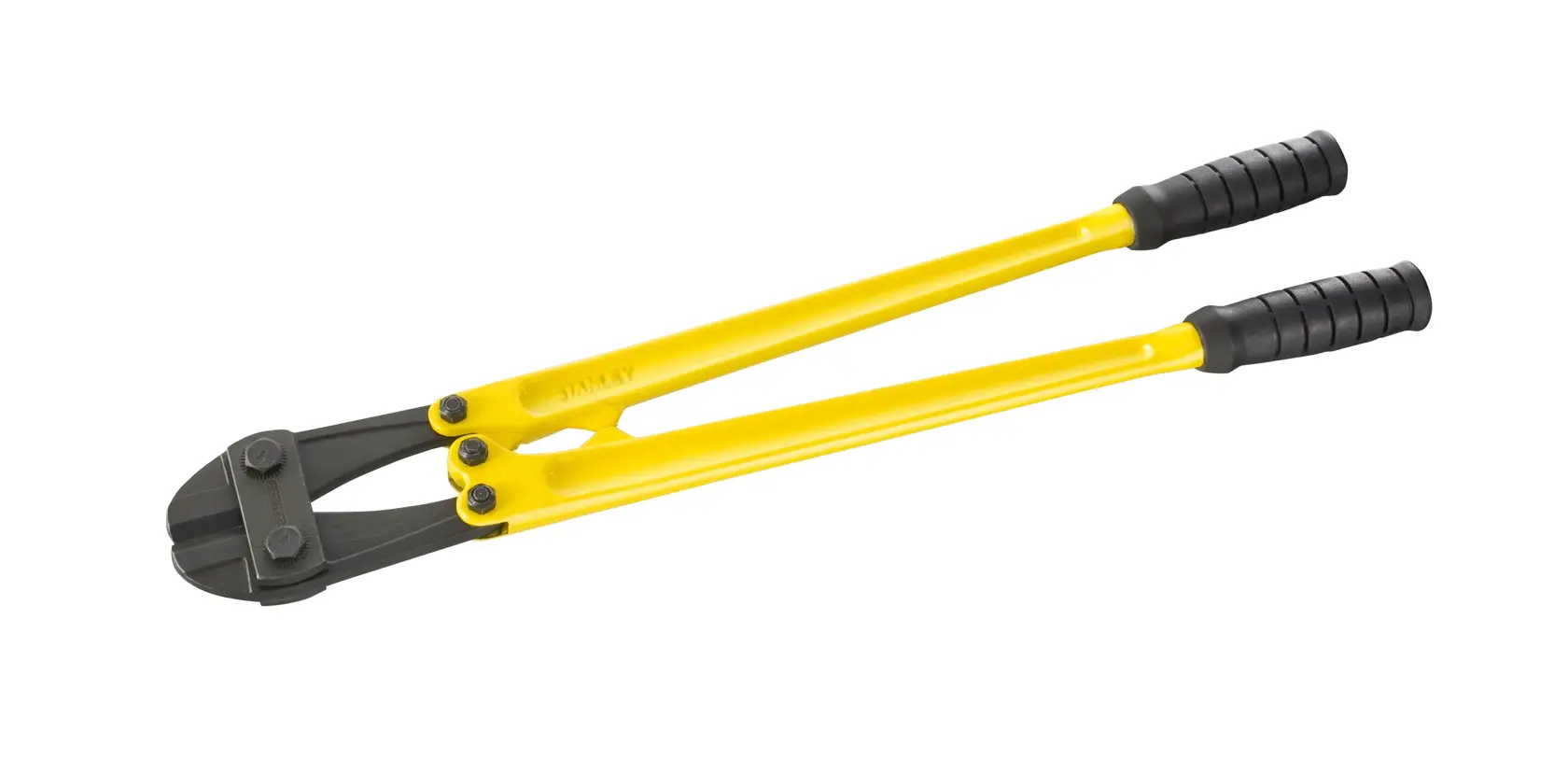 Yellow-handled bolt cutter with black grips and cutting jaws, tool for cutting metal rods or chains.